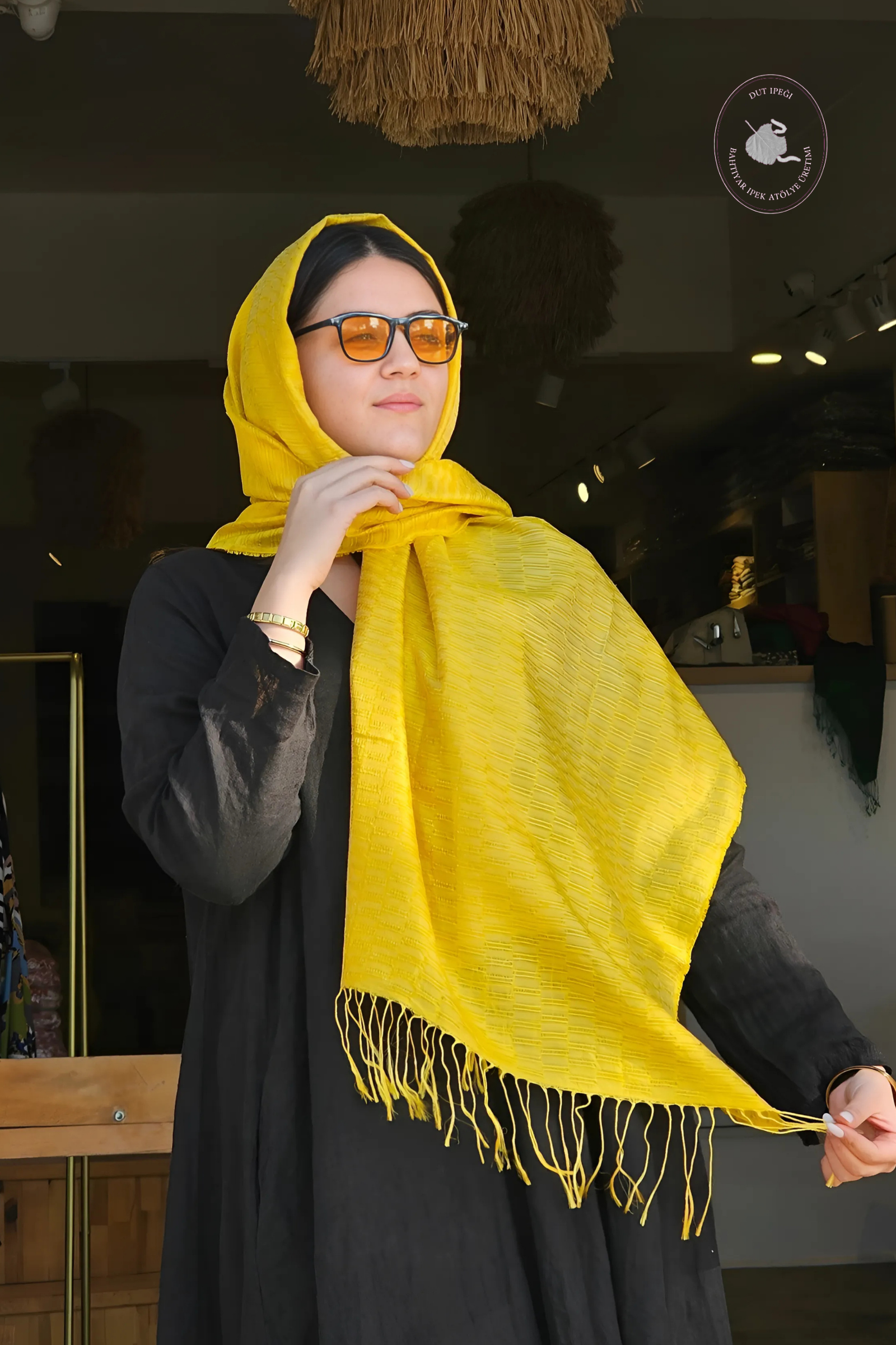 Sarı Kare El Dokuma İpek Şal  Bahtiyar İpek Şal