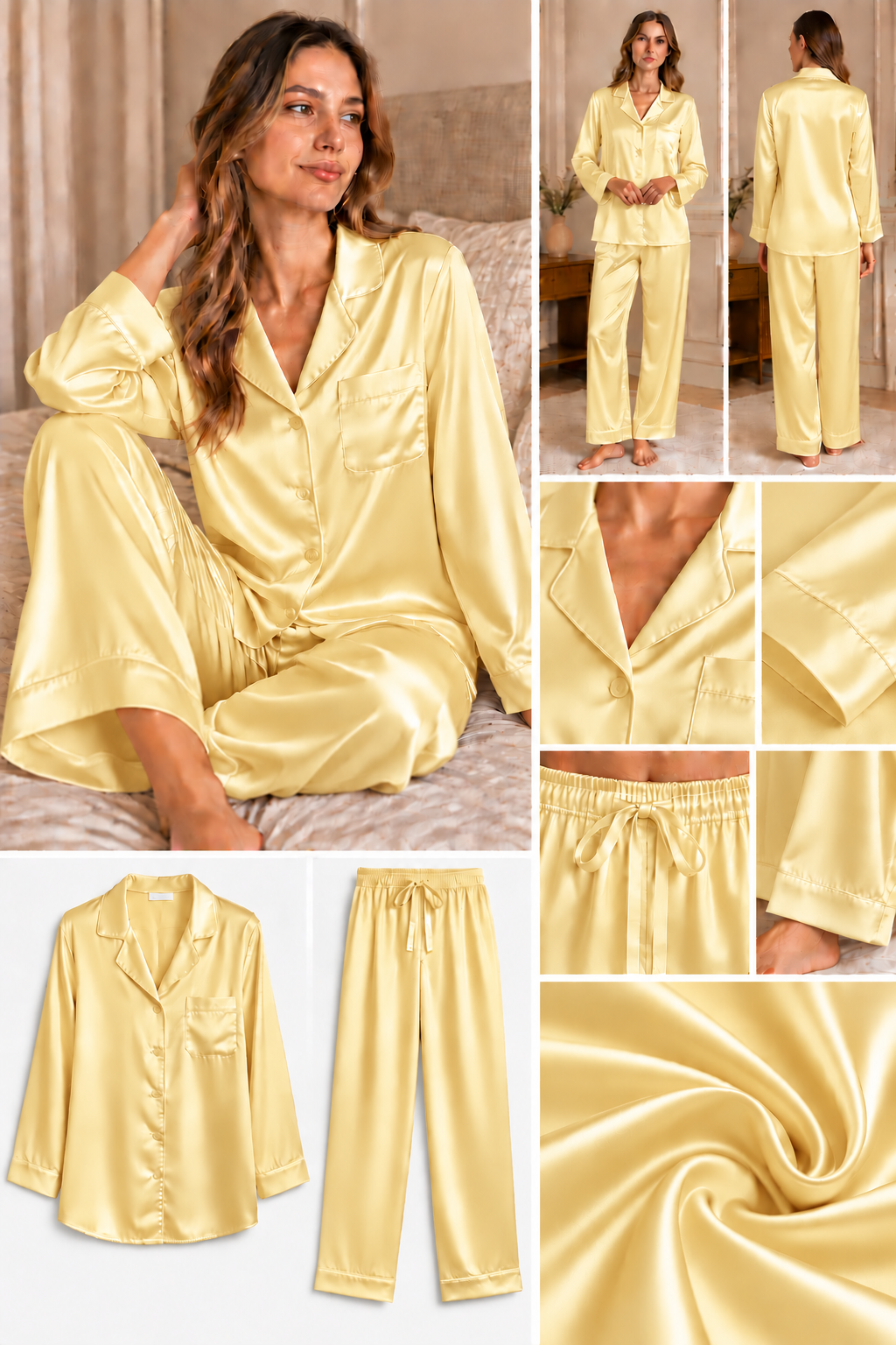 Sarı Uzun Kol İpek Pijama Takımı  Bahtiyar İpek İpek Pijama Takımı