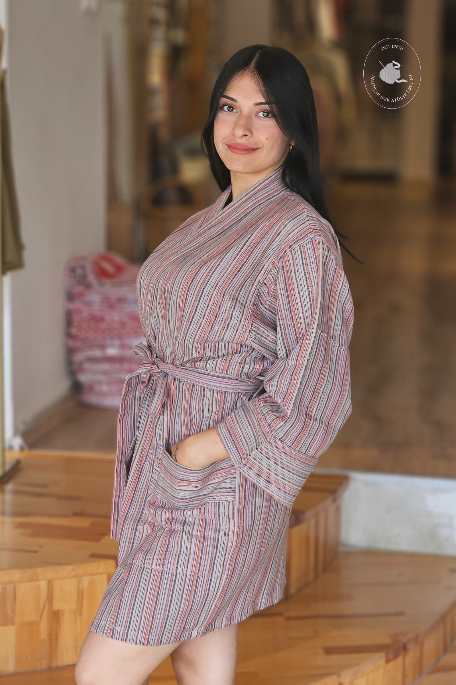 Soft Çok Renkli Çizgili Pamuk Kimono  Bahtiyar İpek Kimono