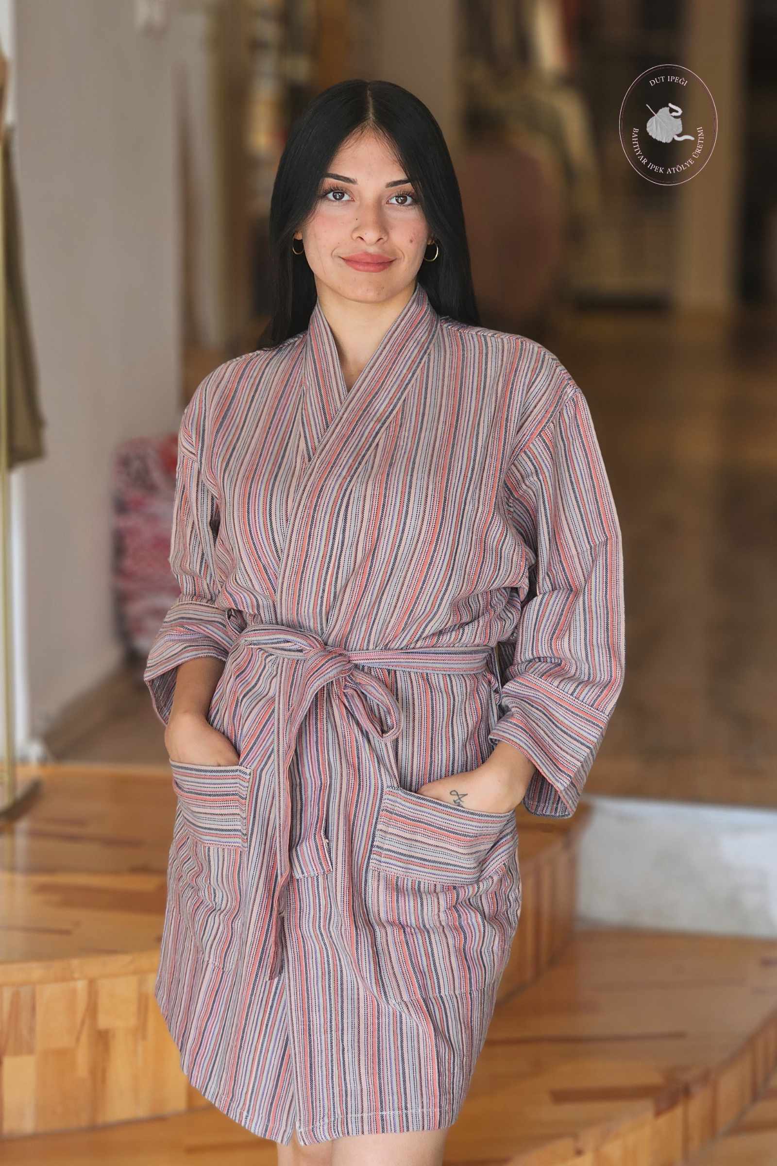 Soft Çok Renkli Çizgili Pamuk Kimono  Bahtiyar İpek Kimono