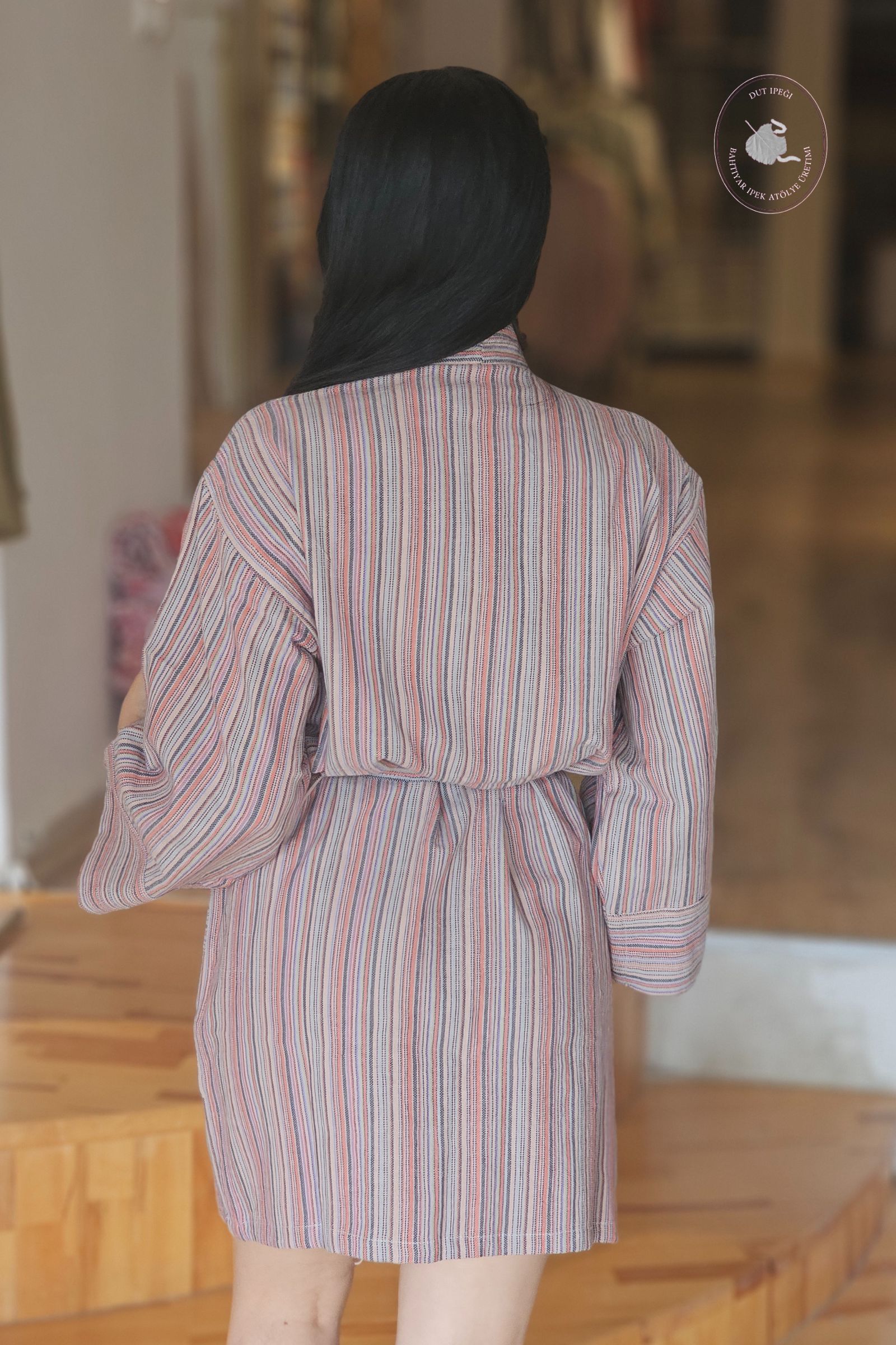 Soft Çok Renkli Çizgili Pamuk Kimono  Bahtiyar İpek Kimono