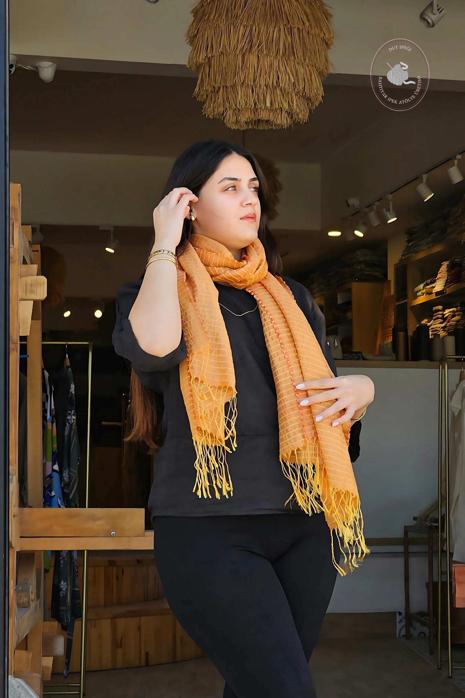 Turuncu Çizgili El Dokuma İpek Şal  Bahtiyar İpek Şal