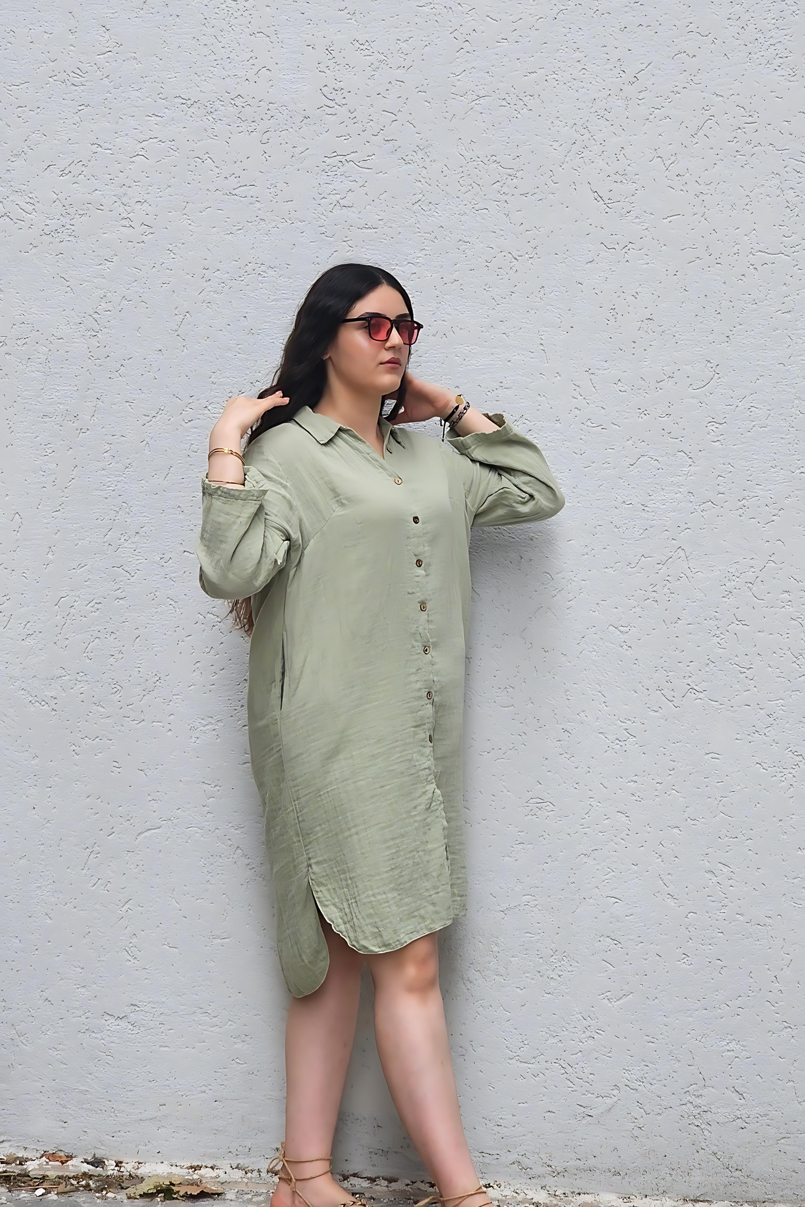 Yeşil Müslim Kumaş Midi Boy Gömlek Elbise  Bahtiyar İpek Keten Elbise