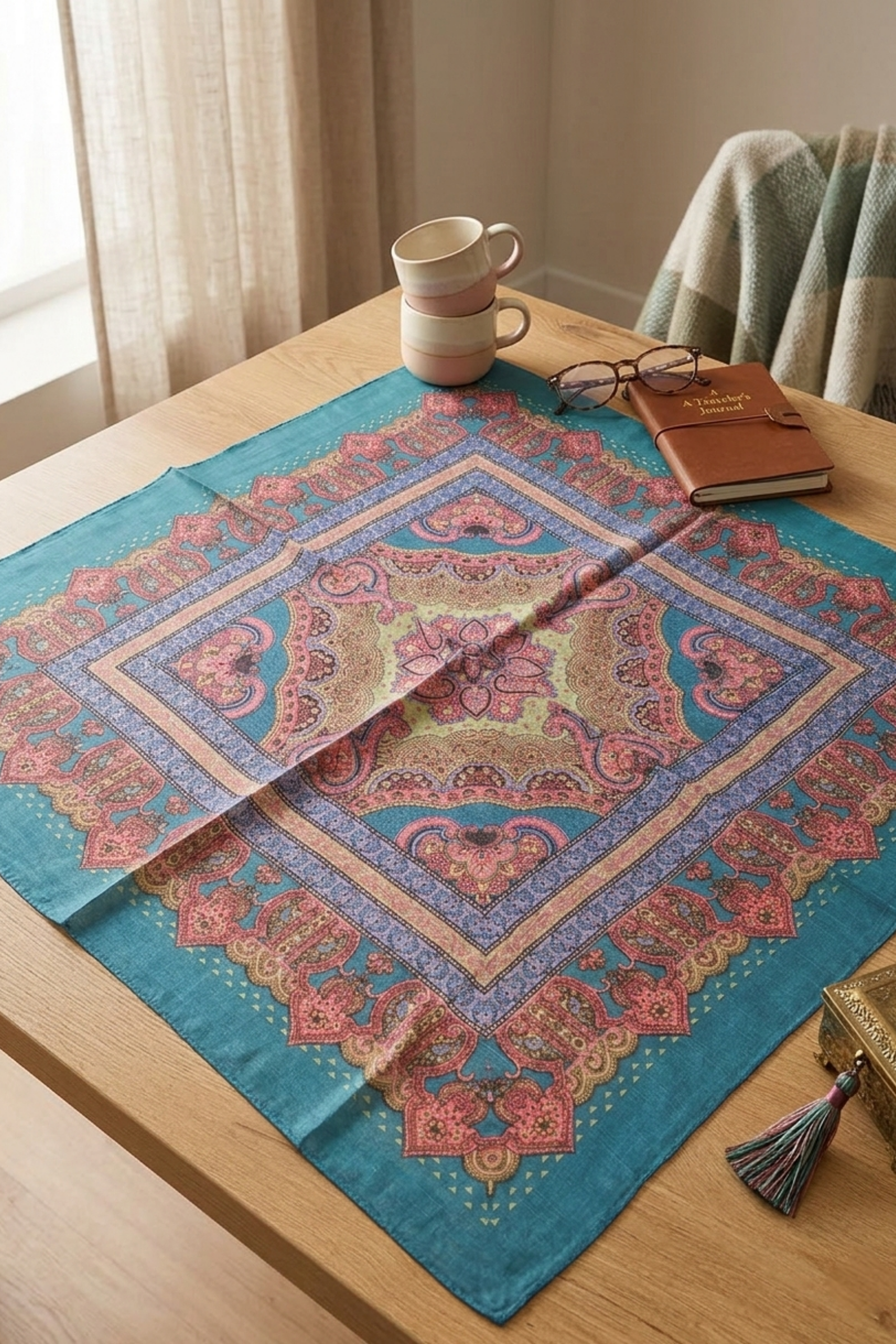 Yeşil Pembe Medalyon Desen İpek Mendil  Bahtiyar İpek İpek Mendil