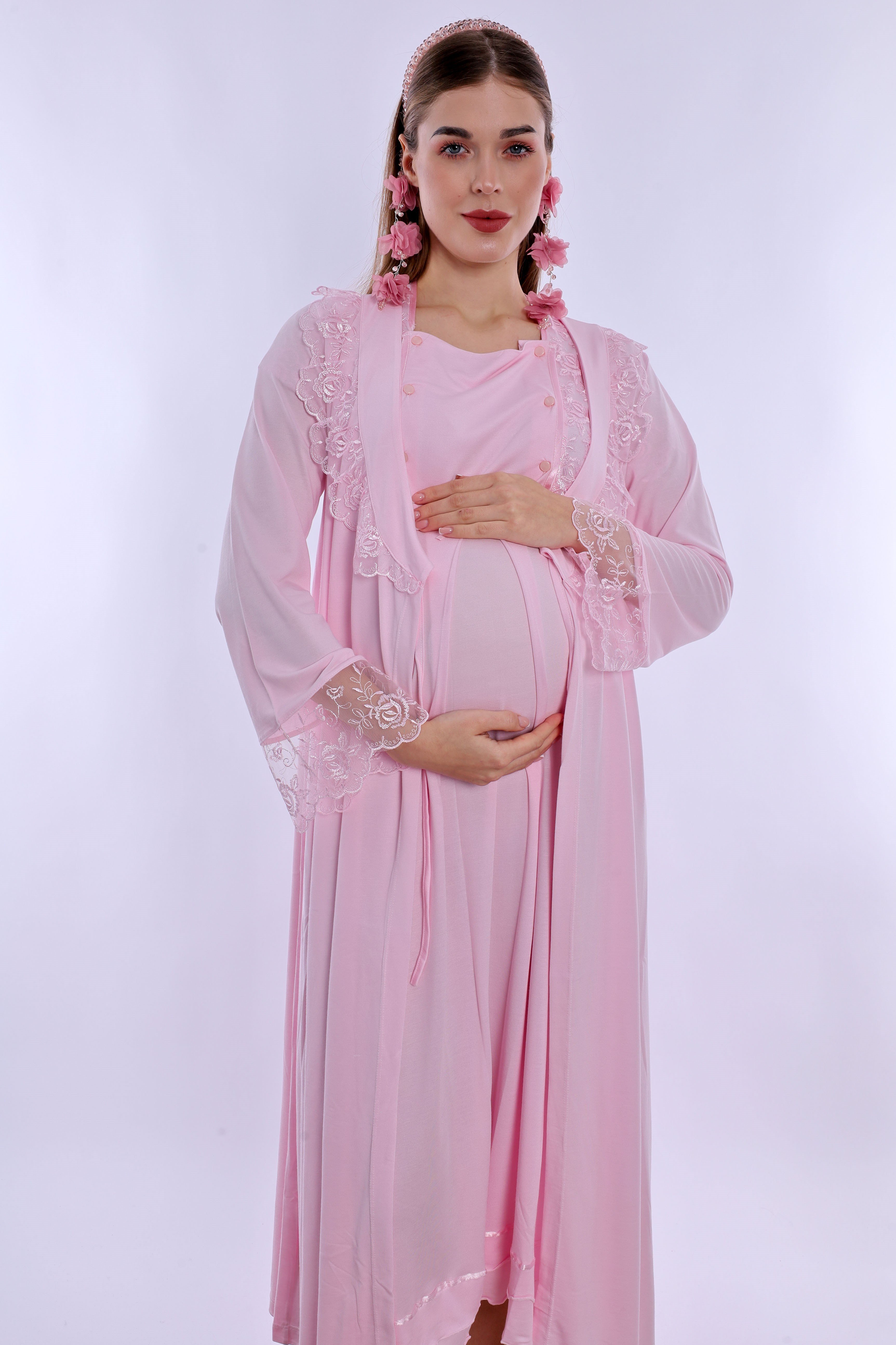 220502 Pamuklu Emzirme Özellikli Hamile Lohusa Seti  - Pembe