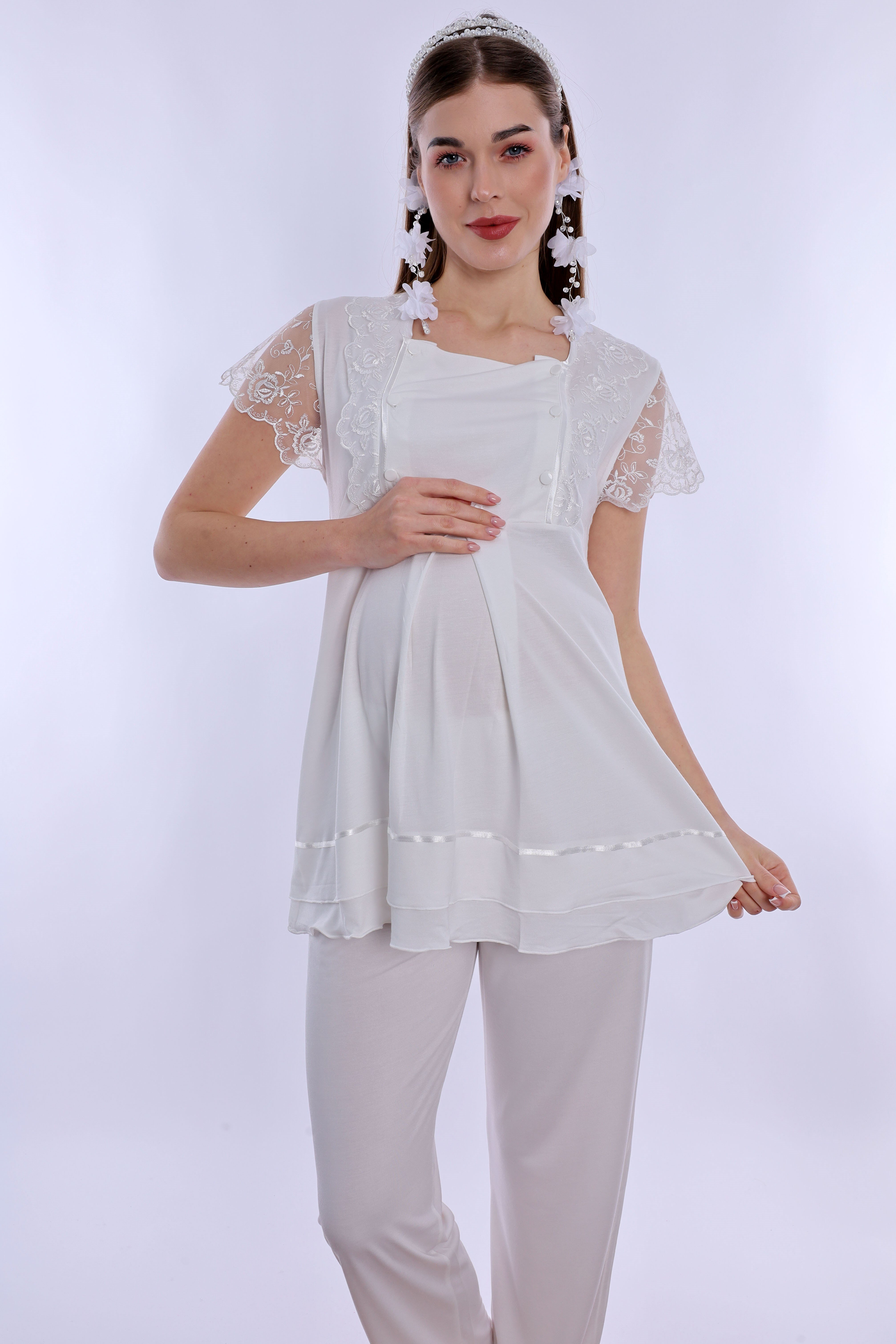 220512 Emzirme Özellikli Hamile Lohusa Pijama Takımı  - Ekru