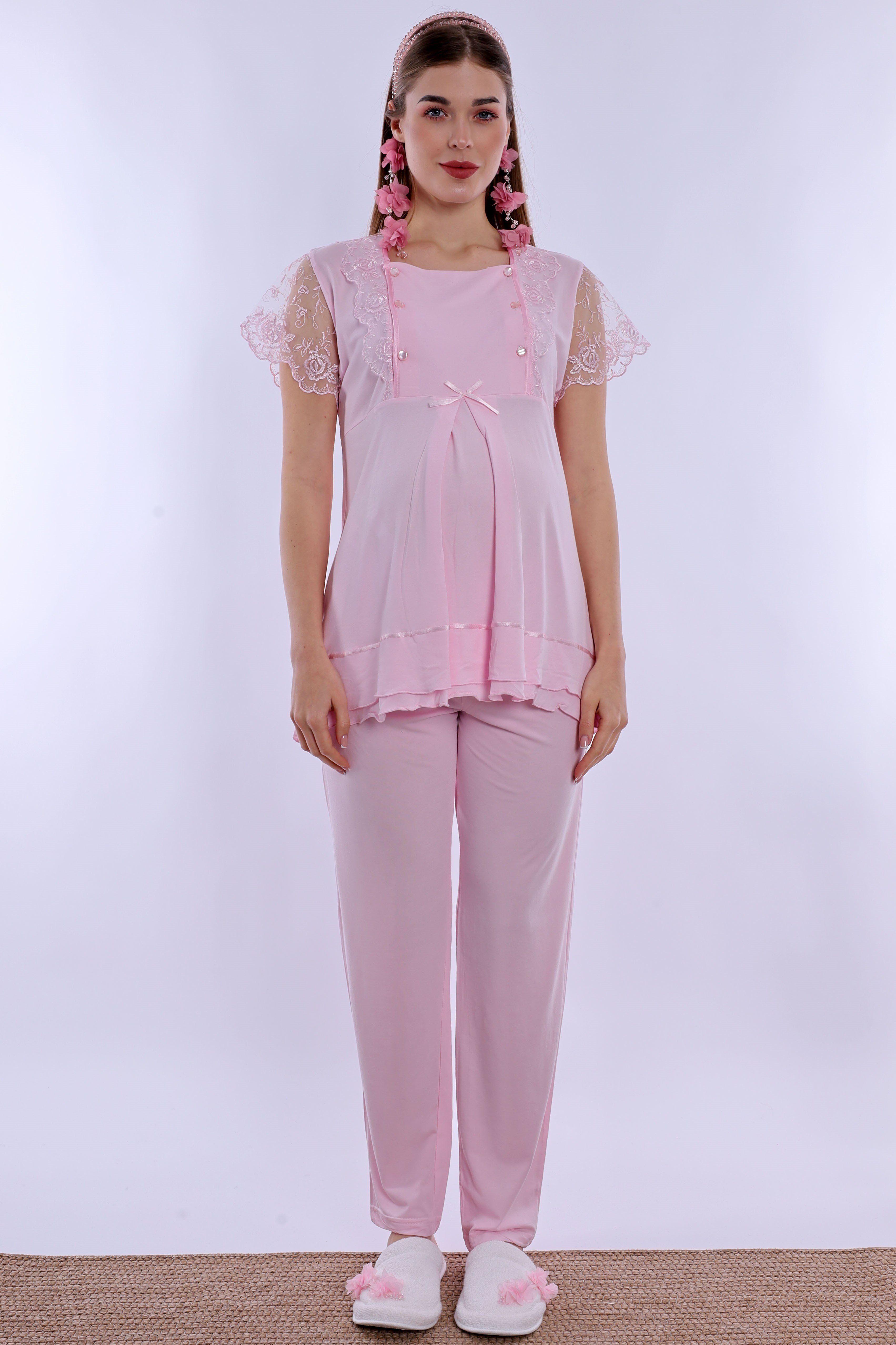 220512 Emzirme Özellikli Hamile Lohusa Pijama Takımı  - Pembe