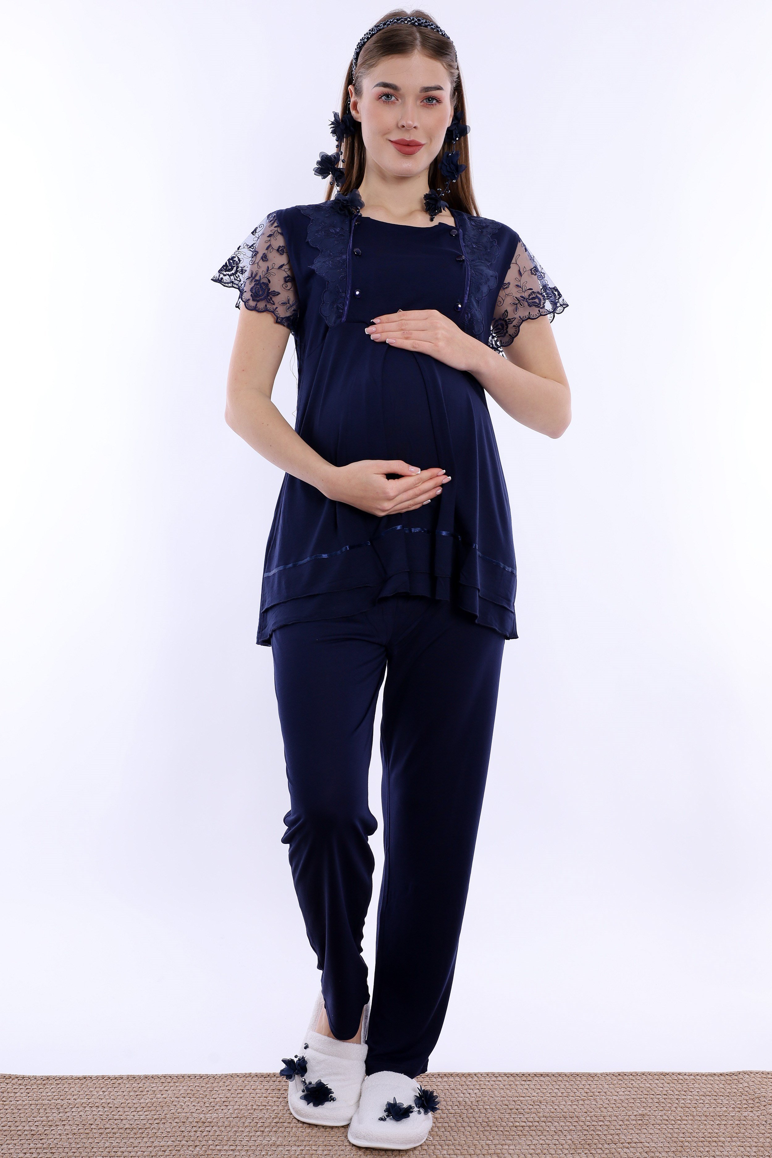 220512 Emzirme Özellikli Hamile Lohusa Pijama Takımı  - Lacivert