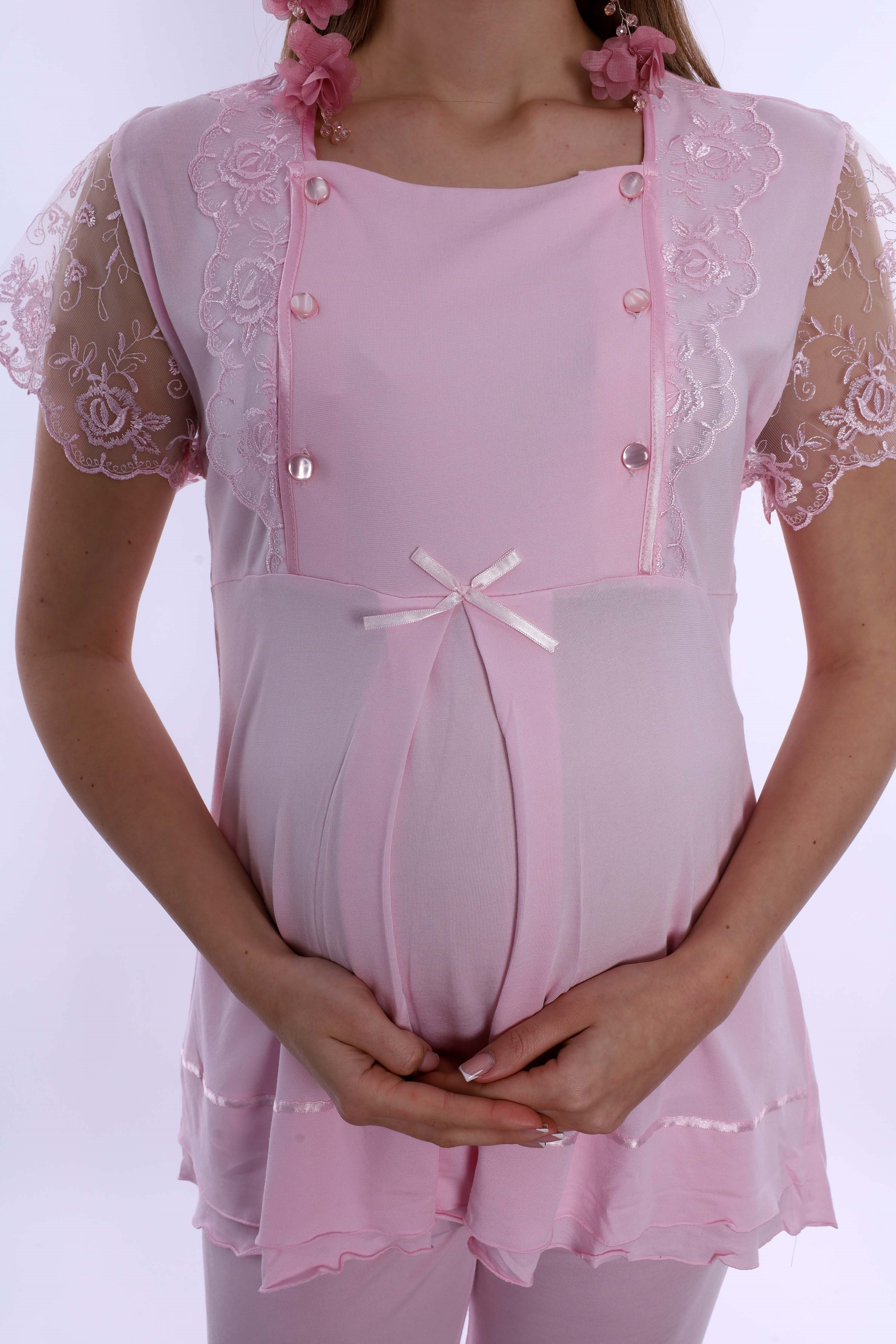 220512 Emzirme Özellikli Hamile Lohusa Pijama Takımı  - Pembe