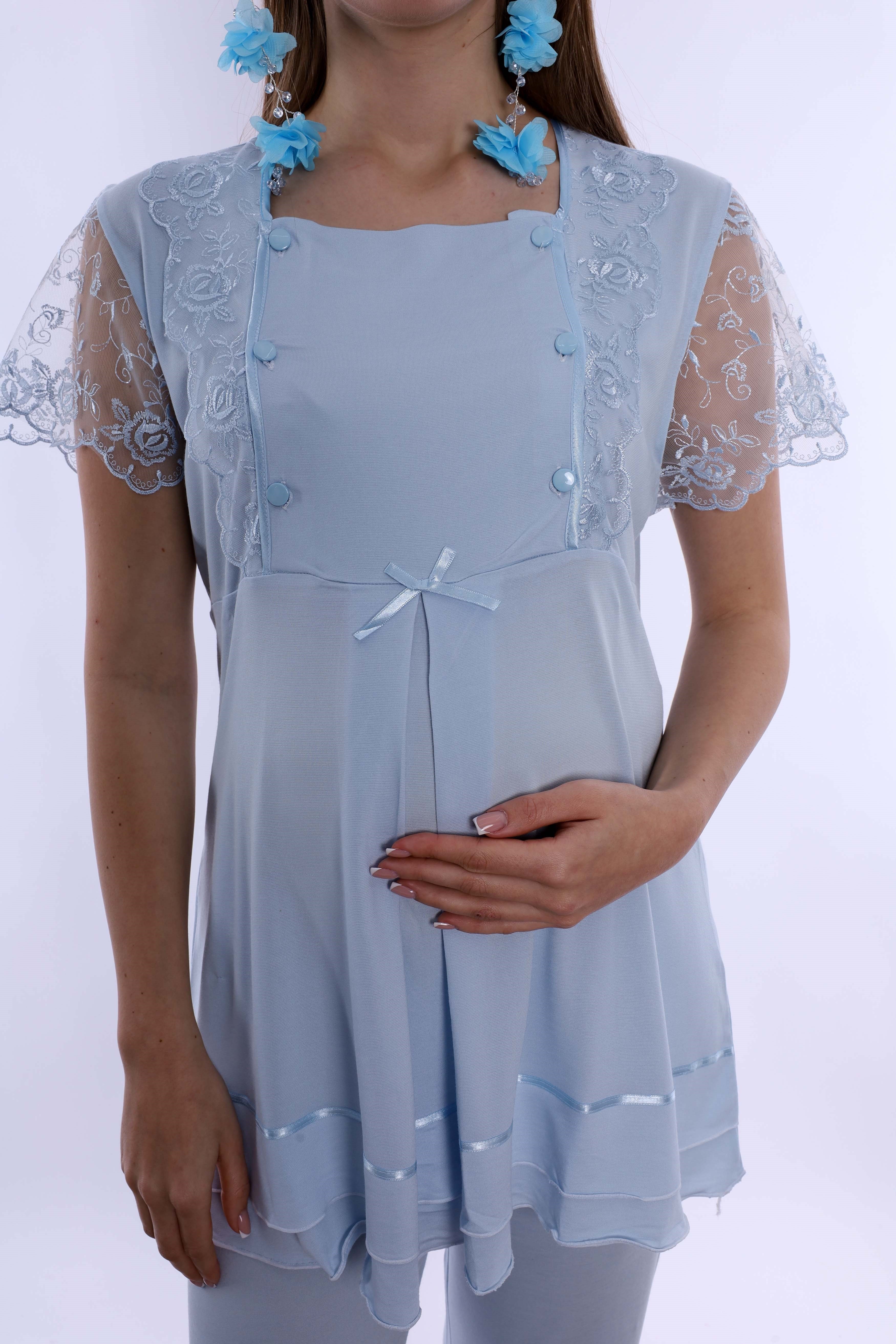 220512 Emzirme Özellikli Hamile Lohusa Pijama Takımı  - Mavi