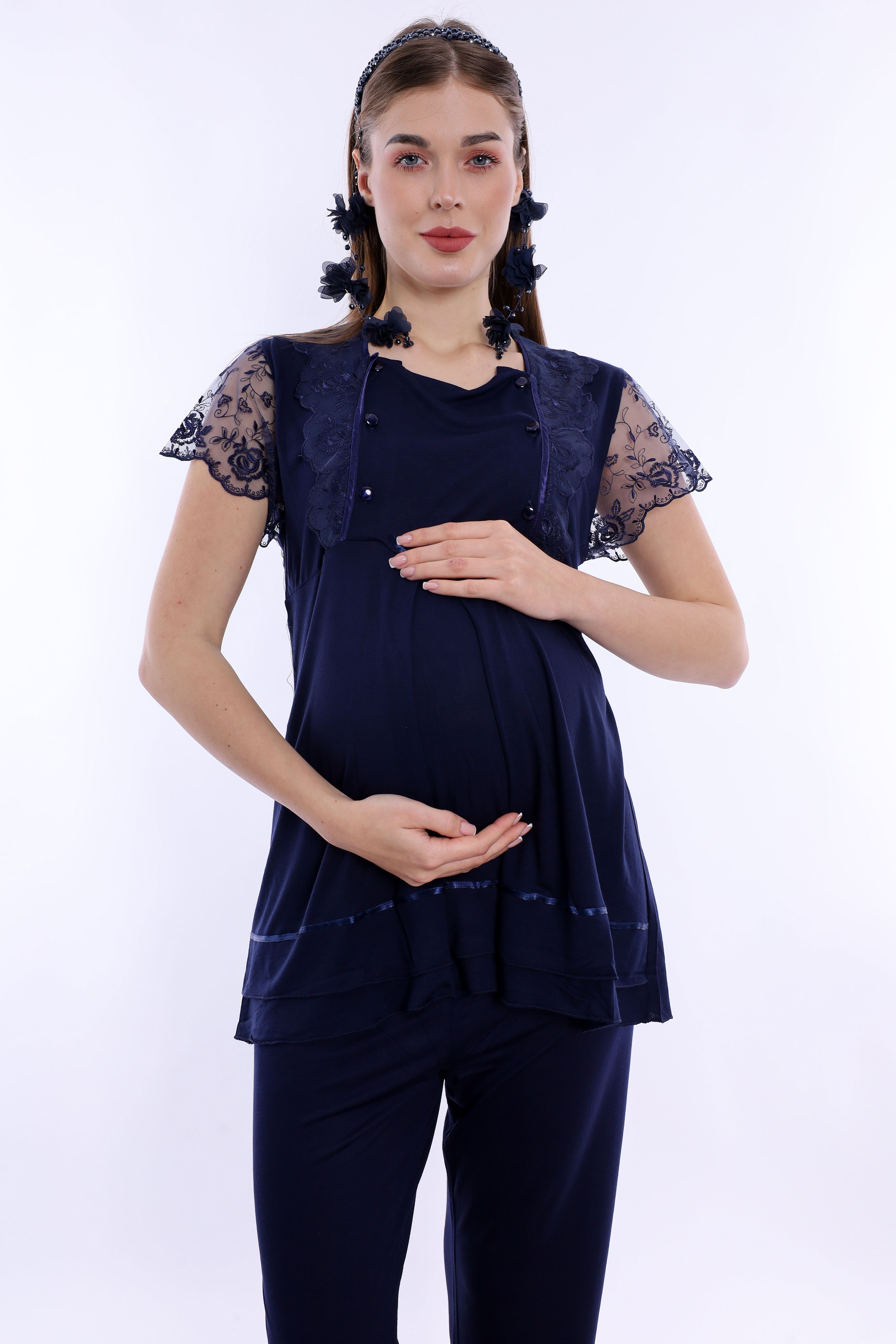 220512 Emzirme Özellikli Hamile Lohusa Pijama Takımı  - Lacivert