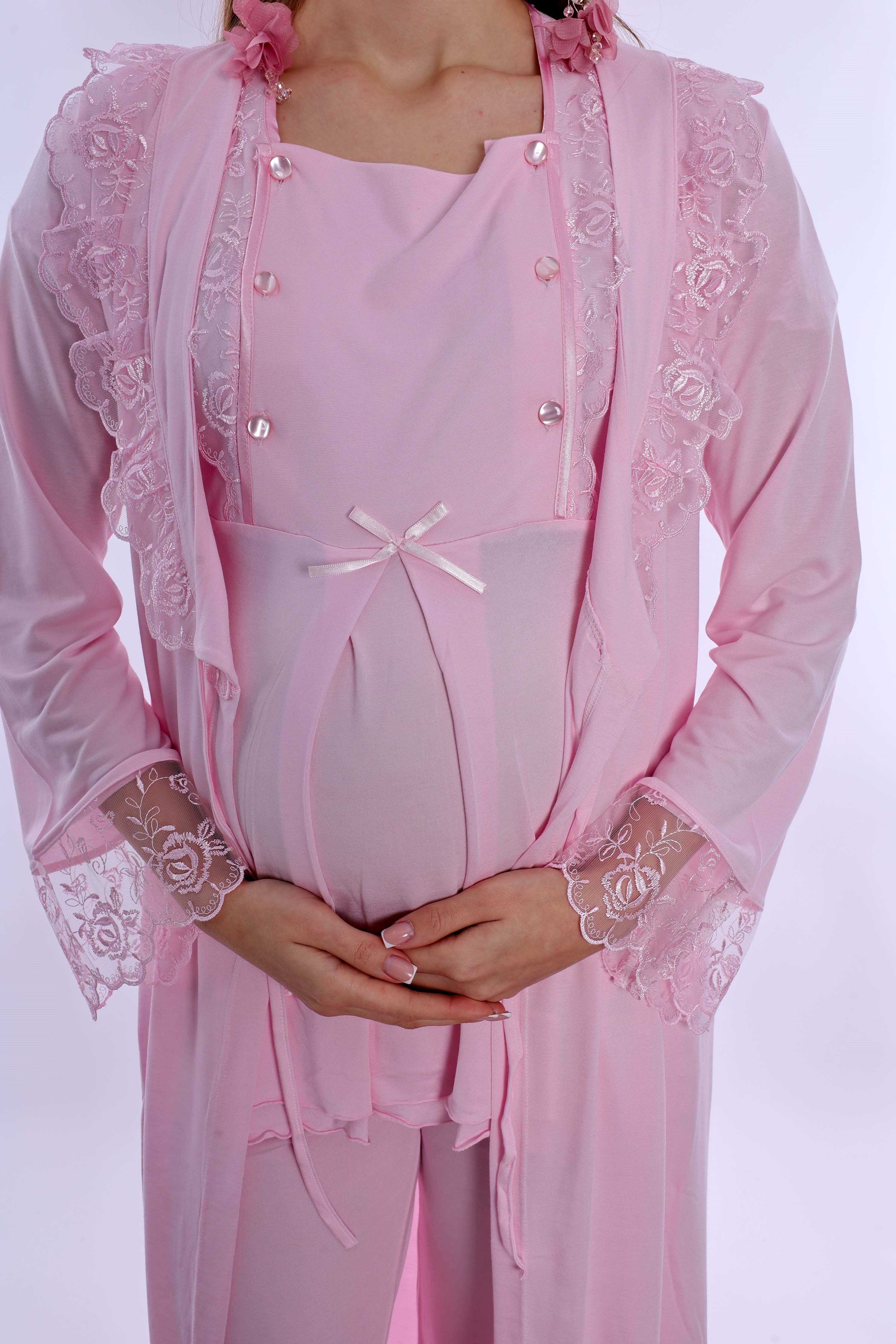 220542 Pamuklu Sabahlıklı Hamile Lohusa Emzirme Pijama Takımı Ayarlanabilir Bel Lastikli  - Pembe