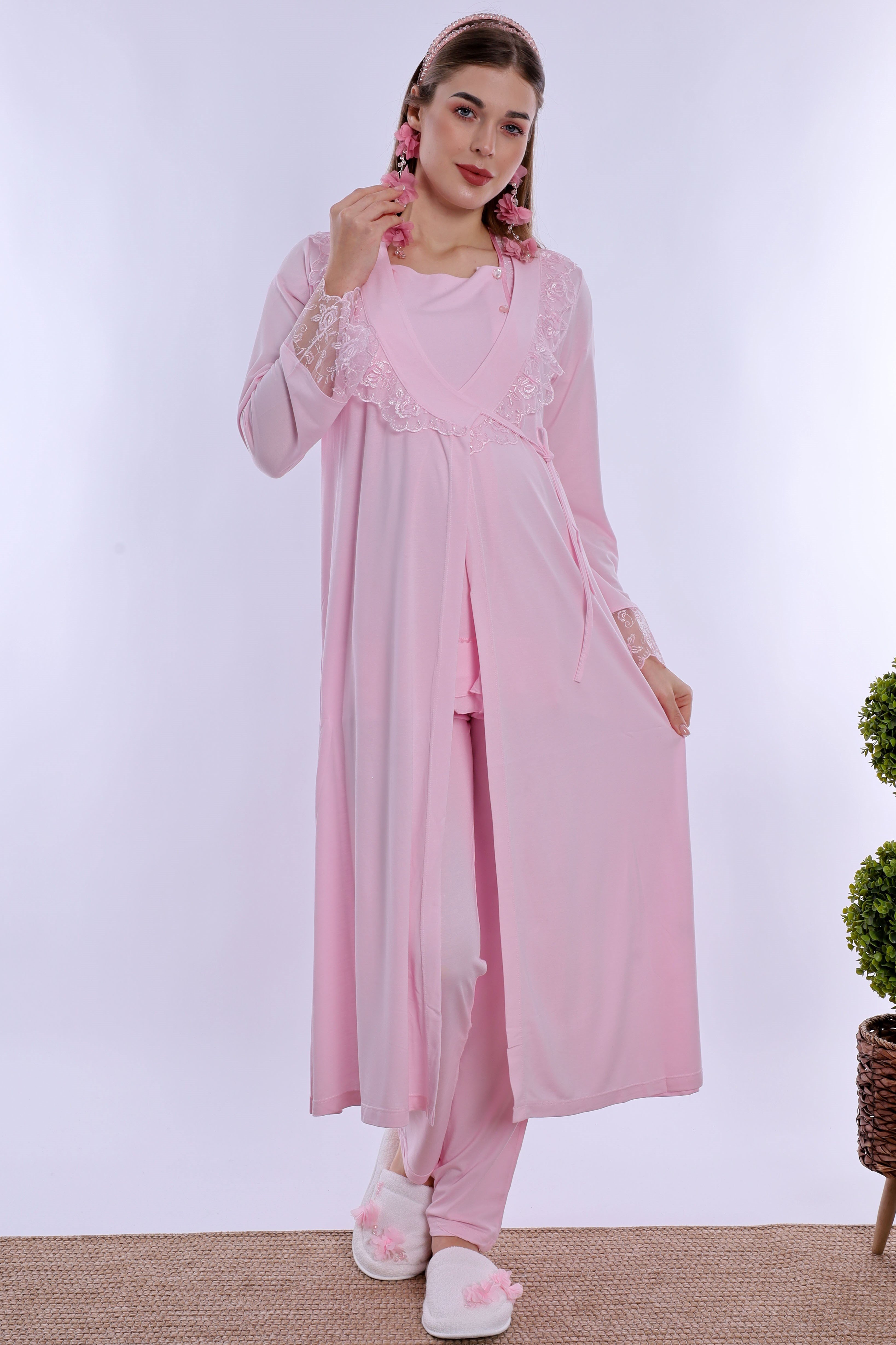 220542 Pamuklu Sabahlıklı Hamile Lohusa Emzirme Pijama Takımı Ayarlanabilir Bel Lastikli  - Pembe