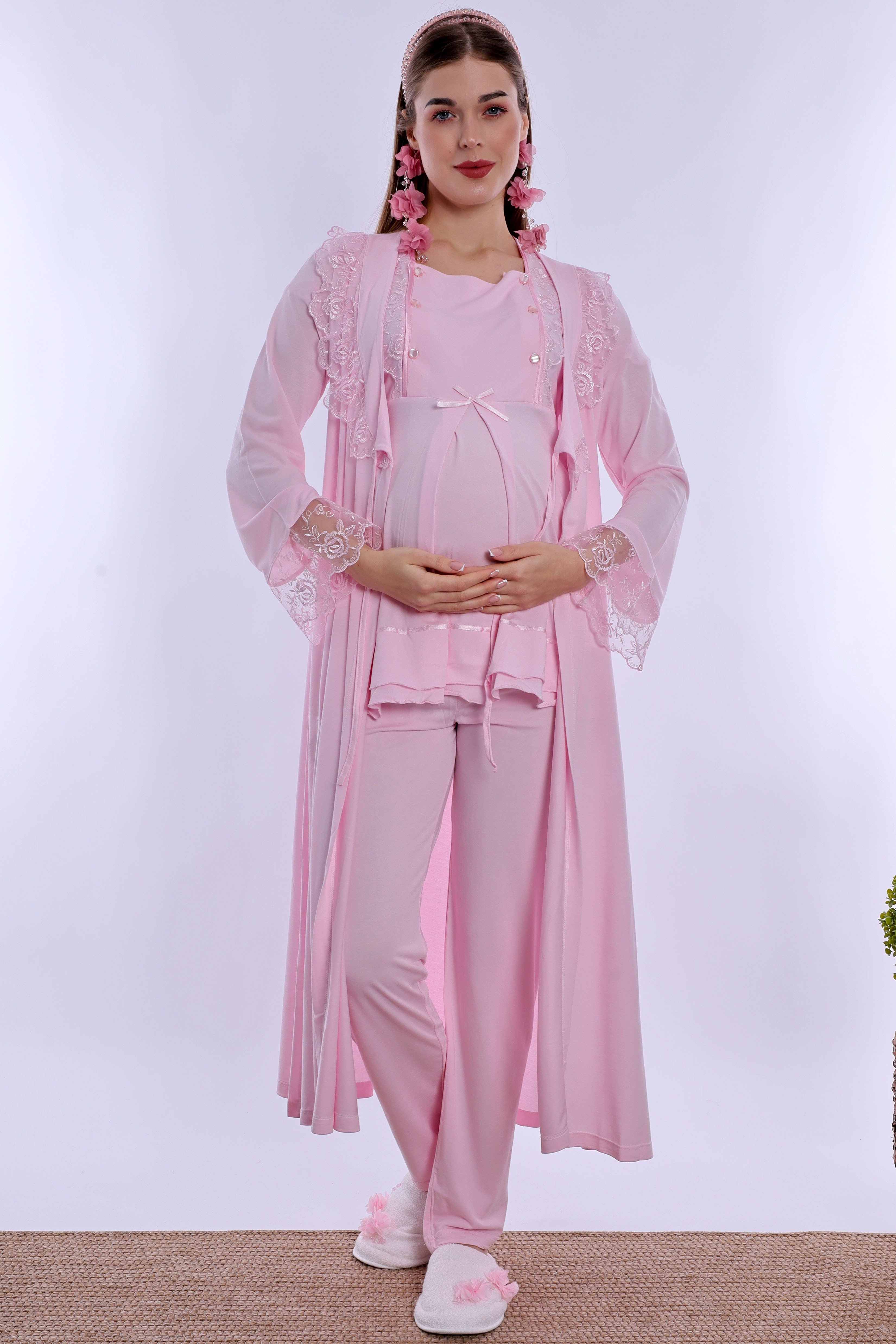 220542 Pamuklu Sabahlıklı Hamile Lohusa Emzirme Pijama Takımı Ayarlanabilir Bel Lastikli  - Pembe
