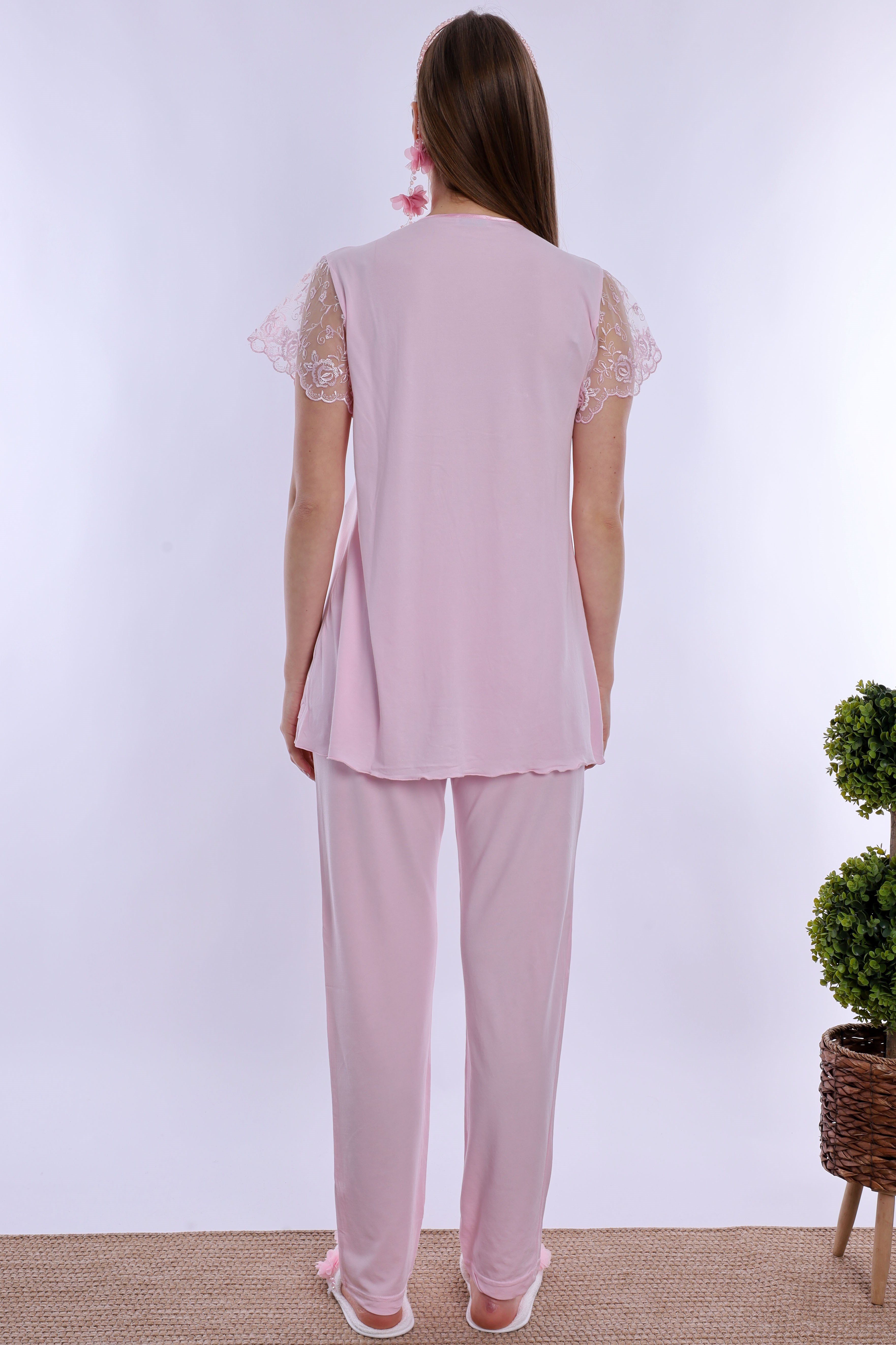 220542 Pamuklu Sabahlıklı Hamile Lohusa Emzirme Pijama Takımı Ayarlanabilir Bel Lastikli  - Pembe
