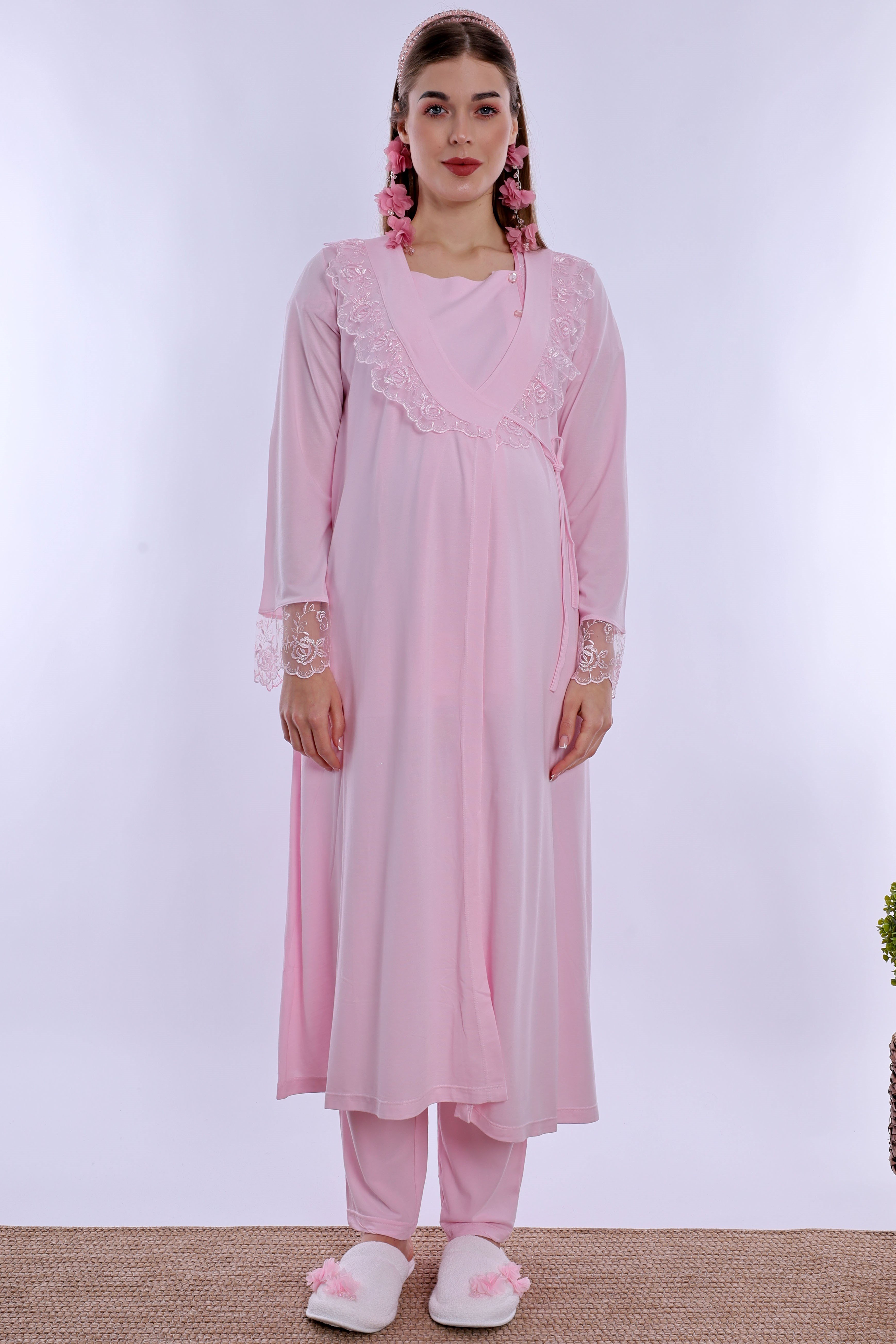 220542 Pamuklu Sabahlıklı Hamile Lohusa Emzirme Pijama Takımı Ayarlanabilir Bel Lastikli  - Pembe