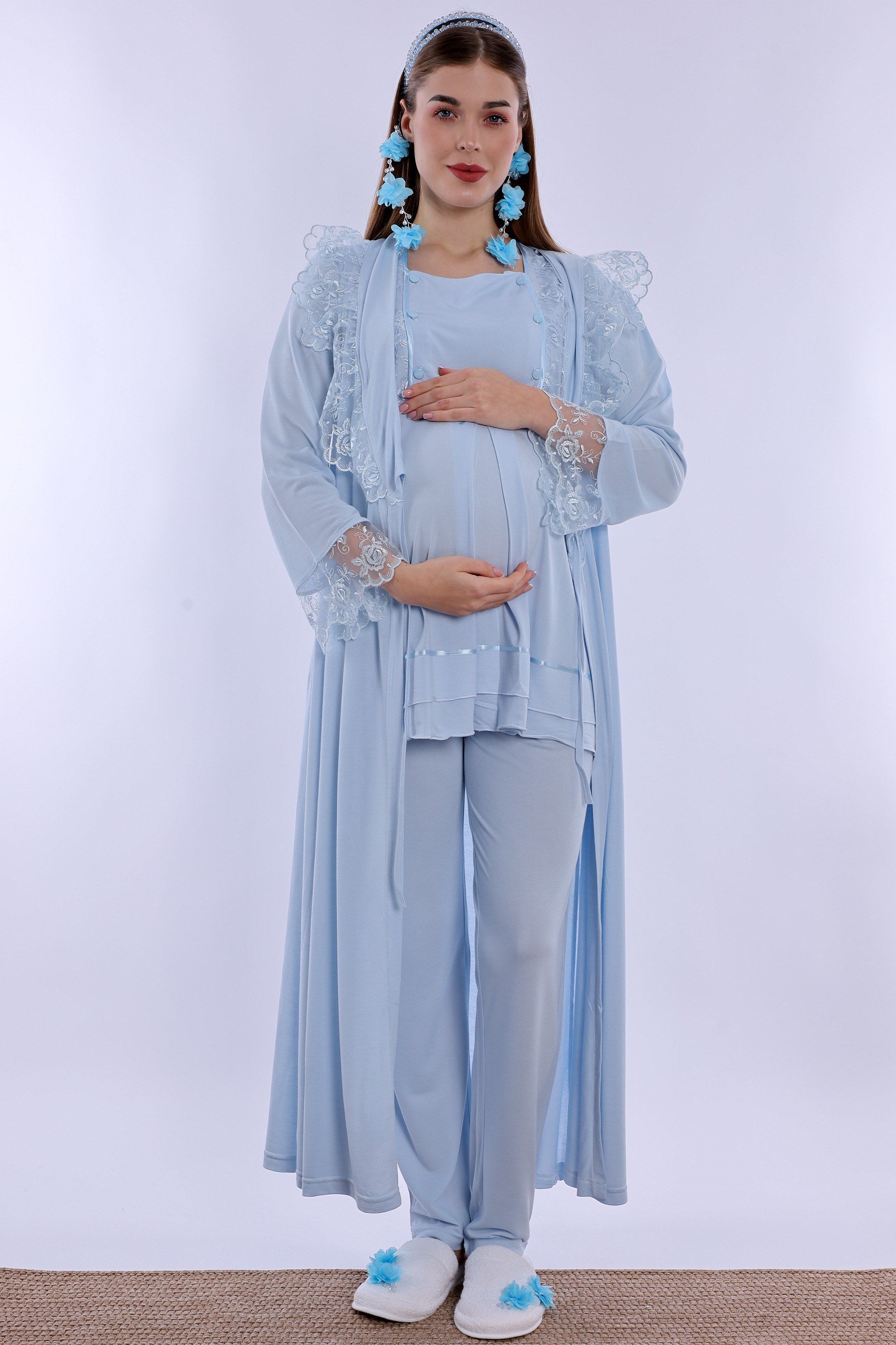 220542 Pamuklu Sabahlıklı Hamile Lohusa Emzirme Pijama Takımı Ayarlanabilir Bel Lastikli  - Mavi
