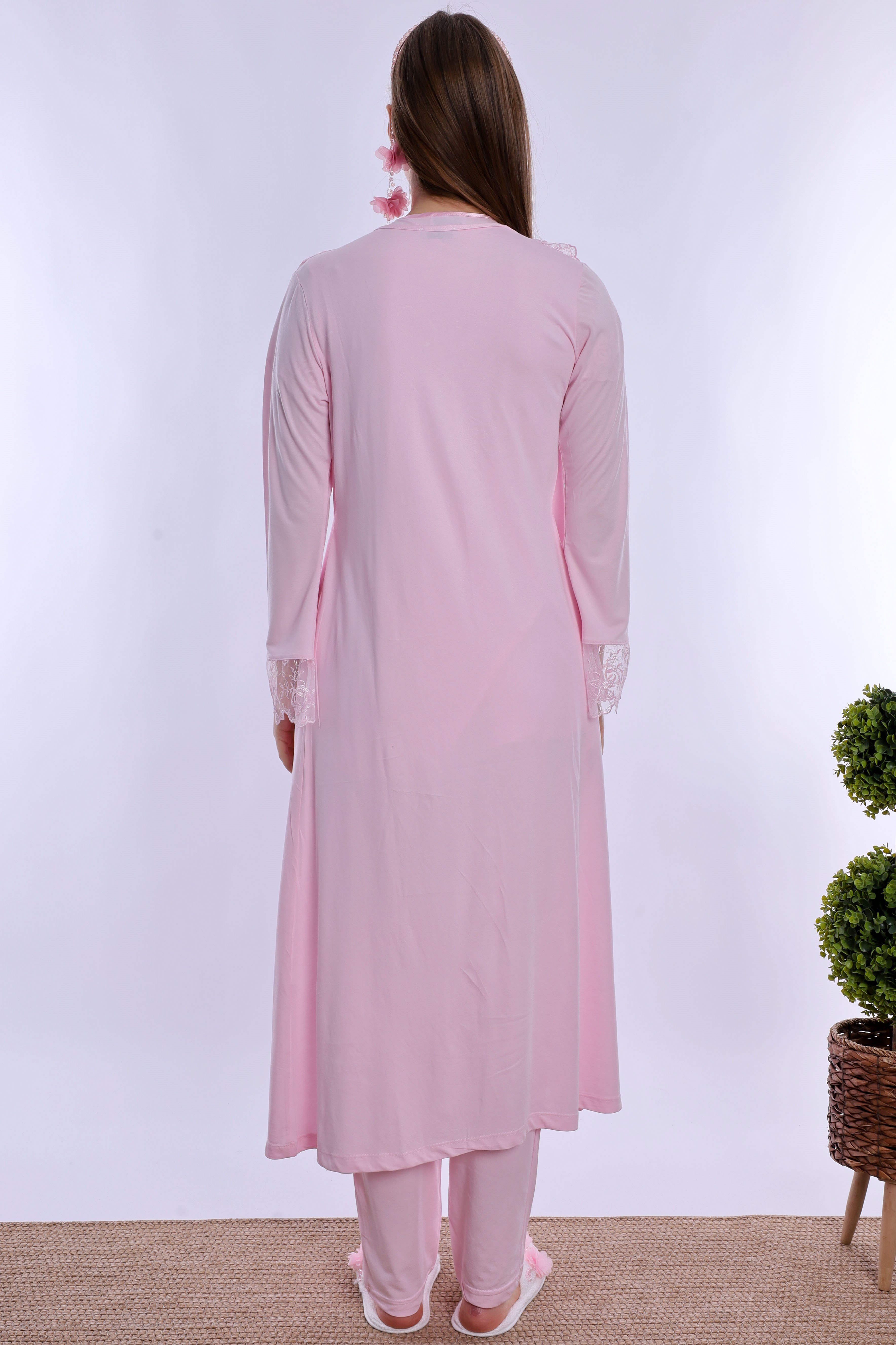 220542 Pamuklu Sabahlıklı Hamile Lohusa Emzirme Pijama Takımı Ayarlanabilir Bel Lastikli  - Pembe