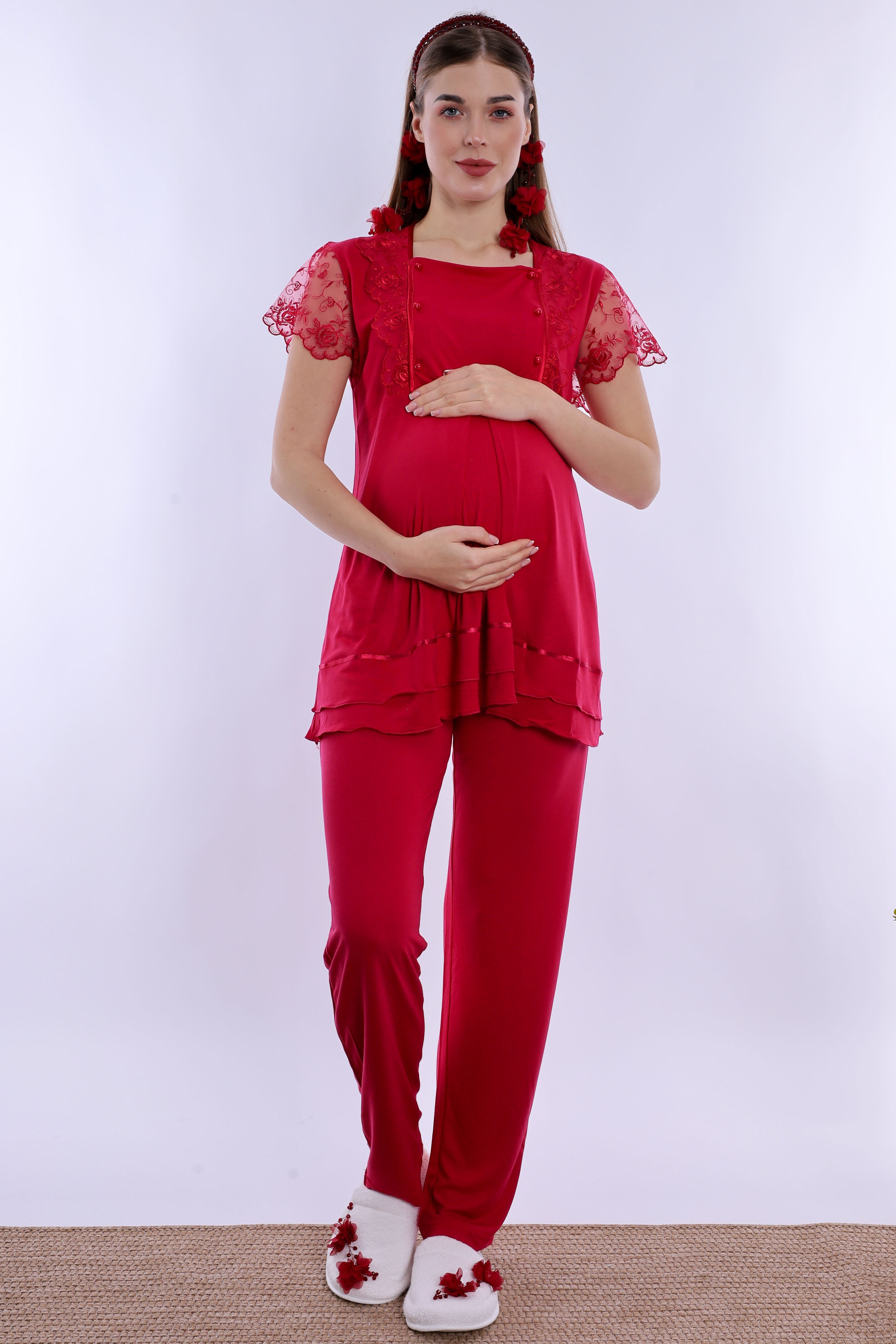 220542 Pamuklu Sabahlıklı Hamile Lohusa Emzirme Pijama Takımı Ayarlanabilir Bel Lastikli  - Vişne