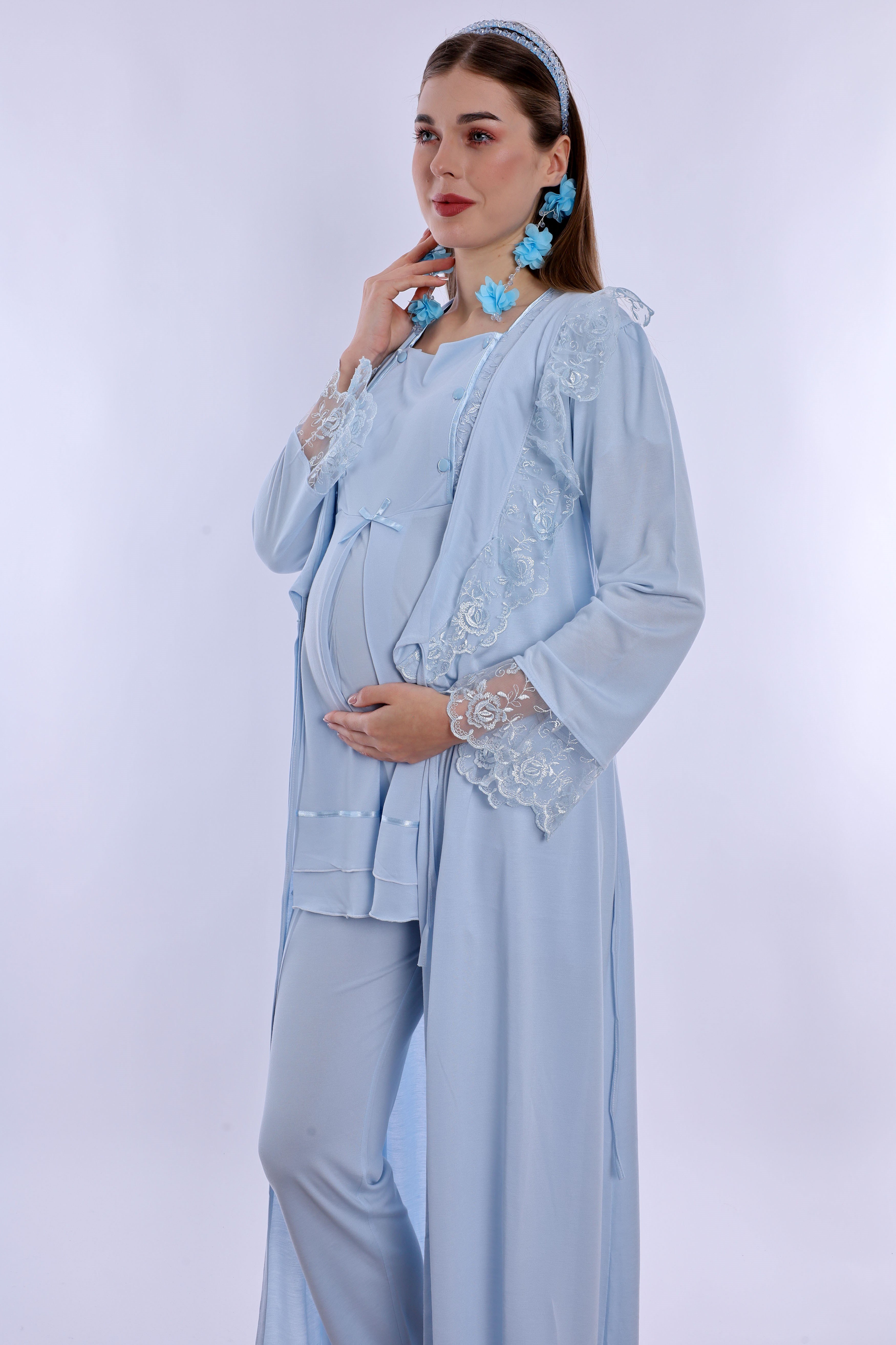 220542 Pamuklu Sabahlıklı Hamile Lohusa Emzirme Pijama Takımı Ayarlanabilir Bel Lastikli  - Mavi