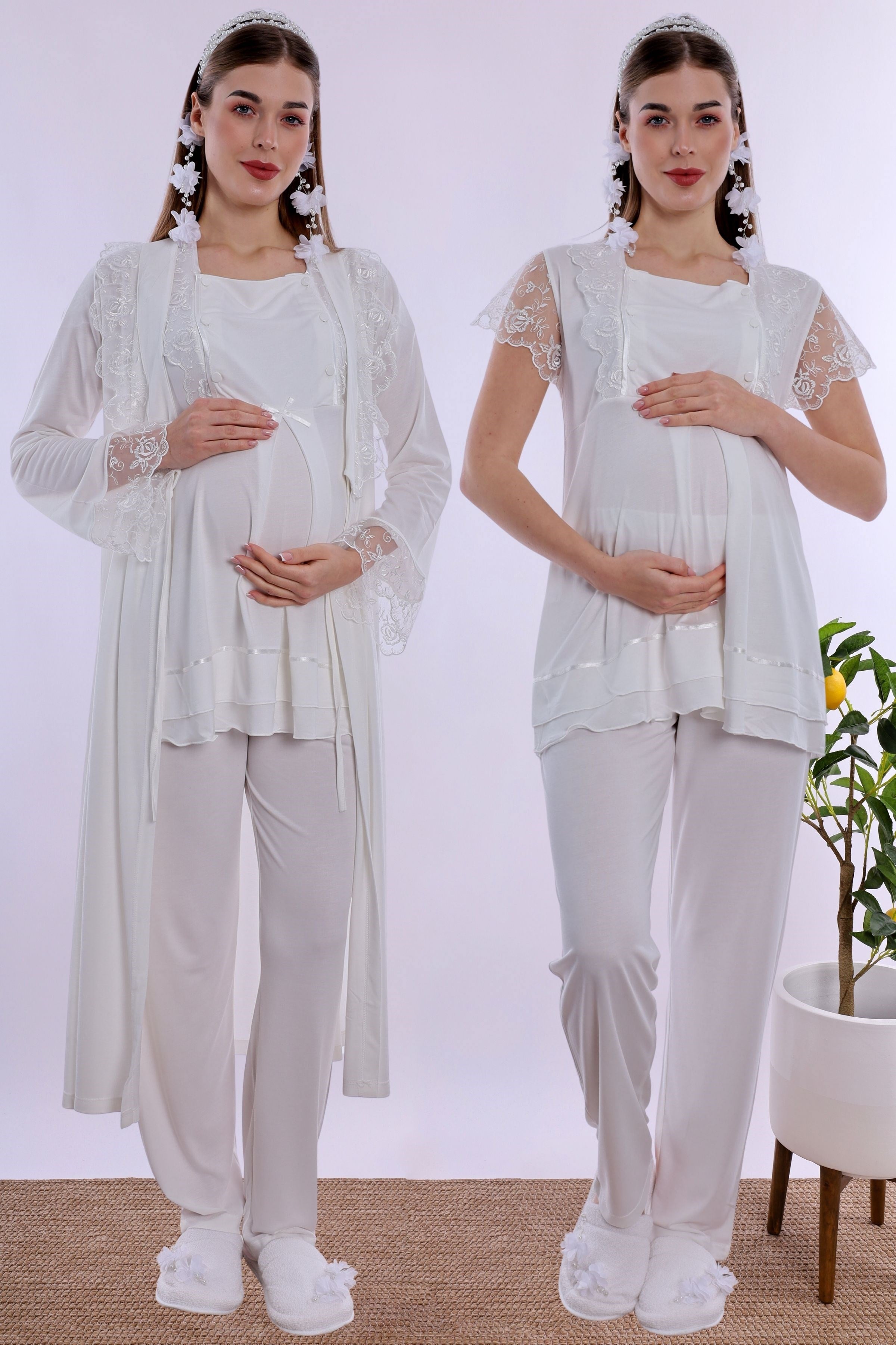 220542 Pamuklu Sabahlıklı Hamile Lohusa Emzirme Pijama Takımı Ayarlanabilir Bel Lastikli  - Ekru