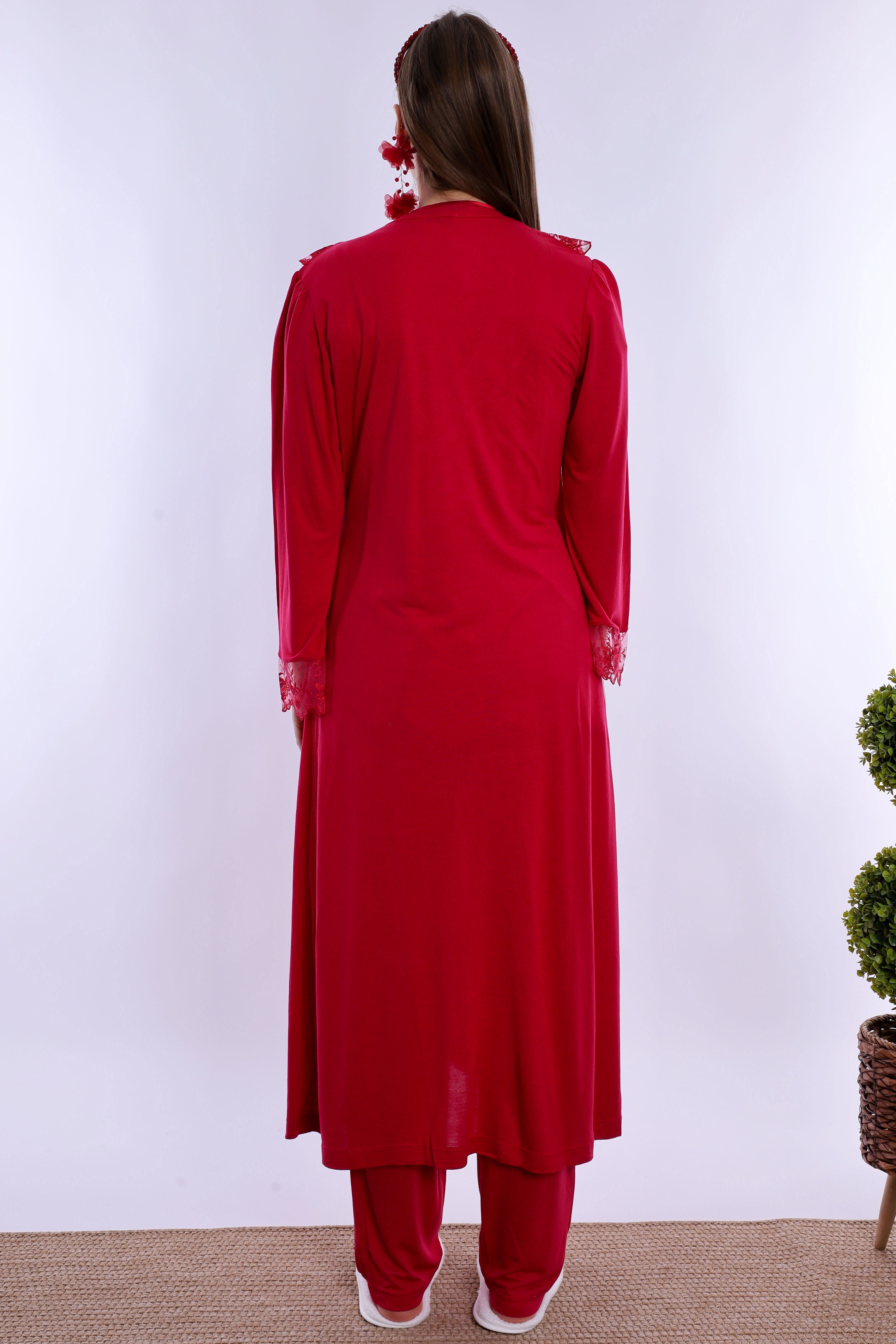 220542 Pamuklu Sabahlıklı Hamile Lohusa Emzirme Pijama Takımı Ayarlanabilir Bel Lastikli  - Vişne