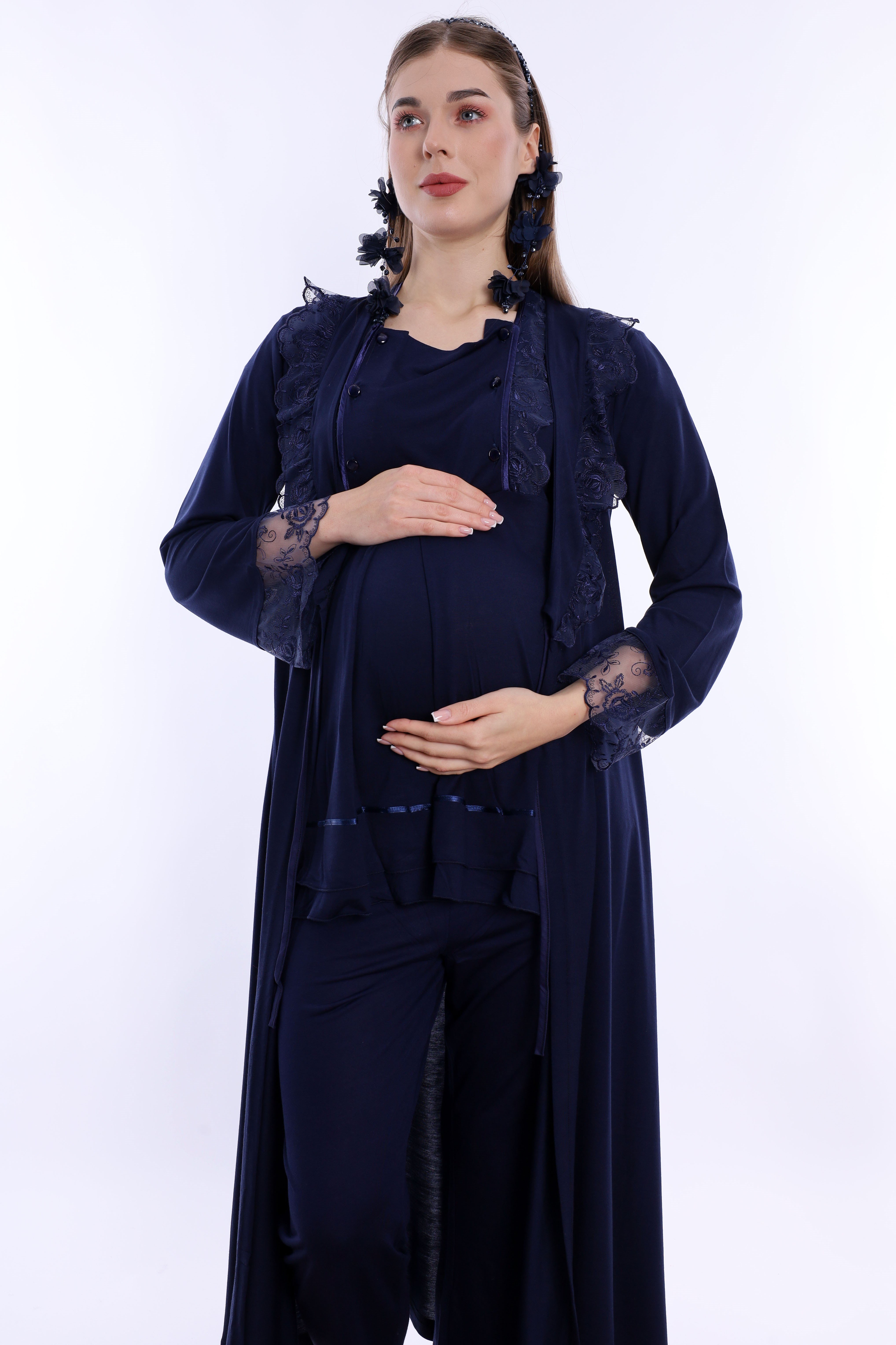 220542 Pamuklu Sabahlıklı Hamile Lohusa Emzirme Pijama Takımı Ayarlanabilir Bel Lastikli  - Lacivert