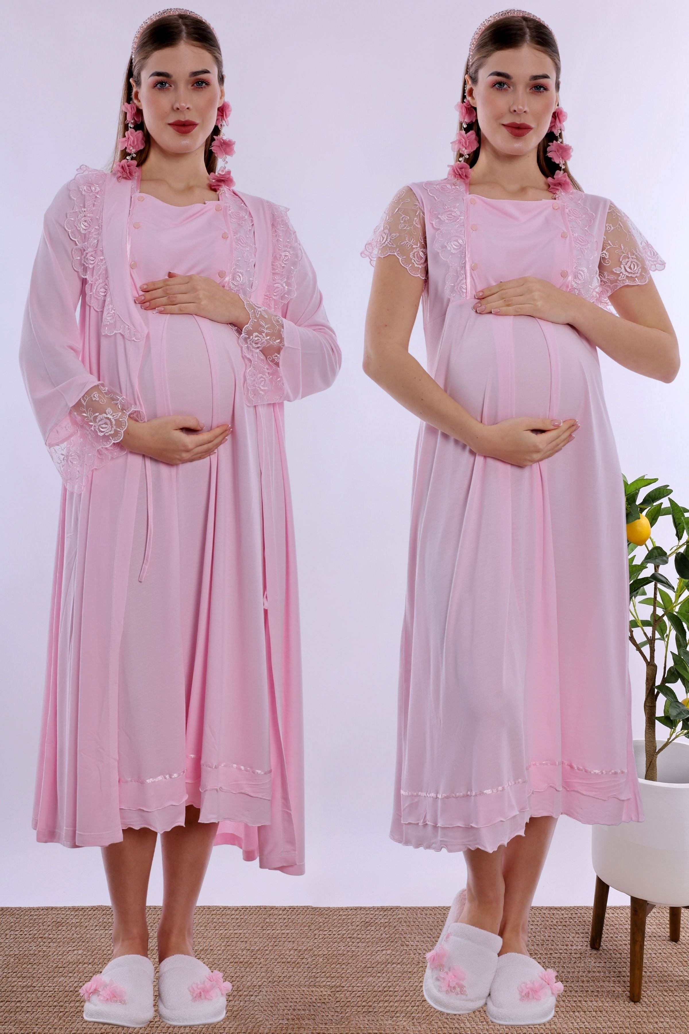 220552 Yumuşak Dokulu Sabahlıklı Hamile Lohusa Gecelik Takımı  - Pembe