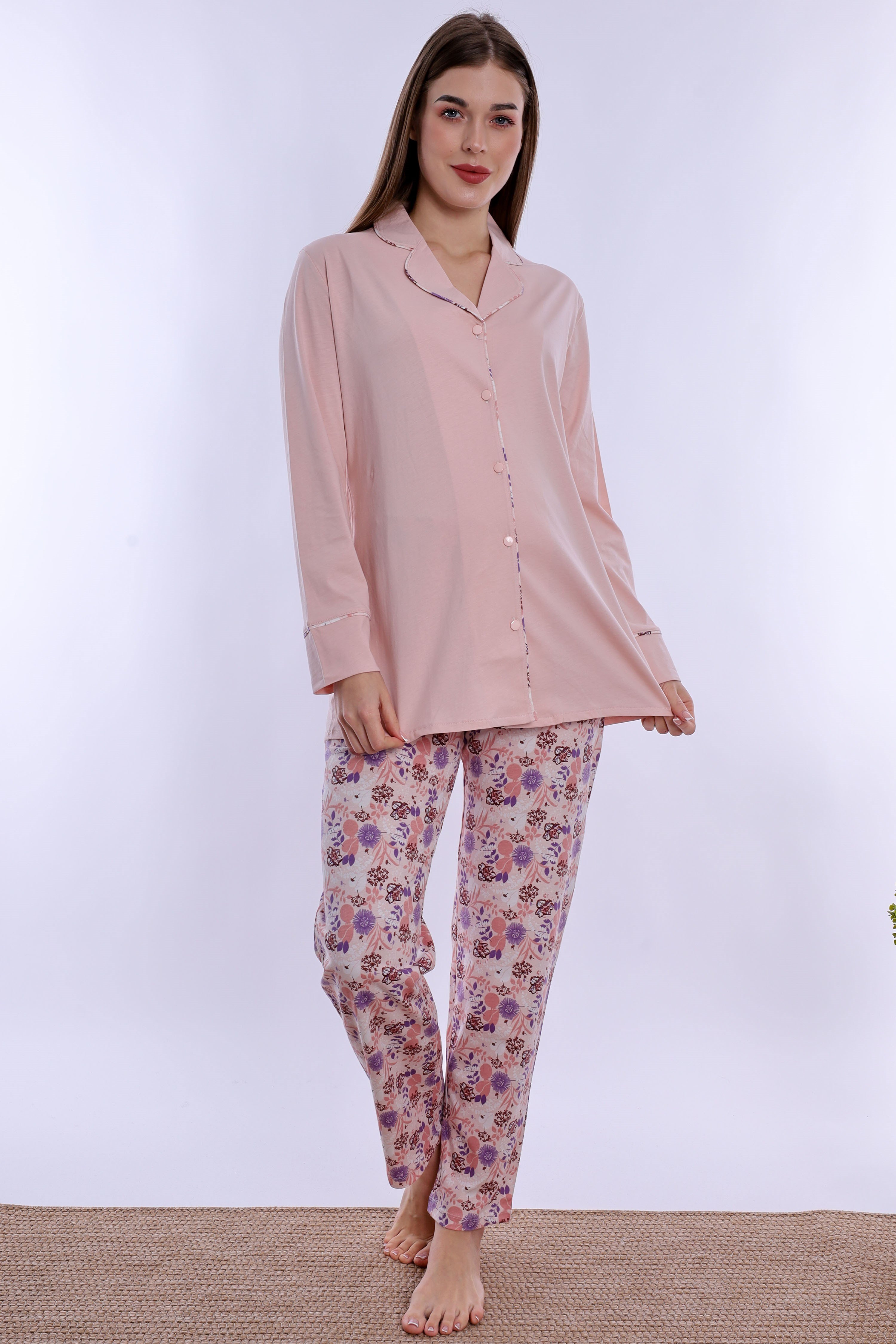 220622 Doğum Öncesi ve Sonrası Kullanıma Uygun Hamile Lohusa Pijama Takımı  - Pudra