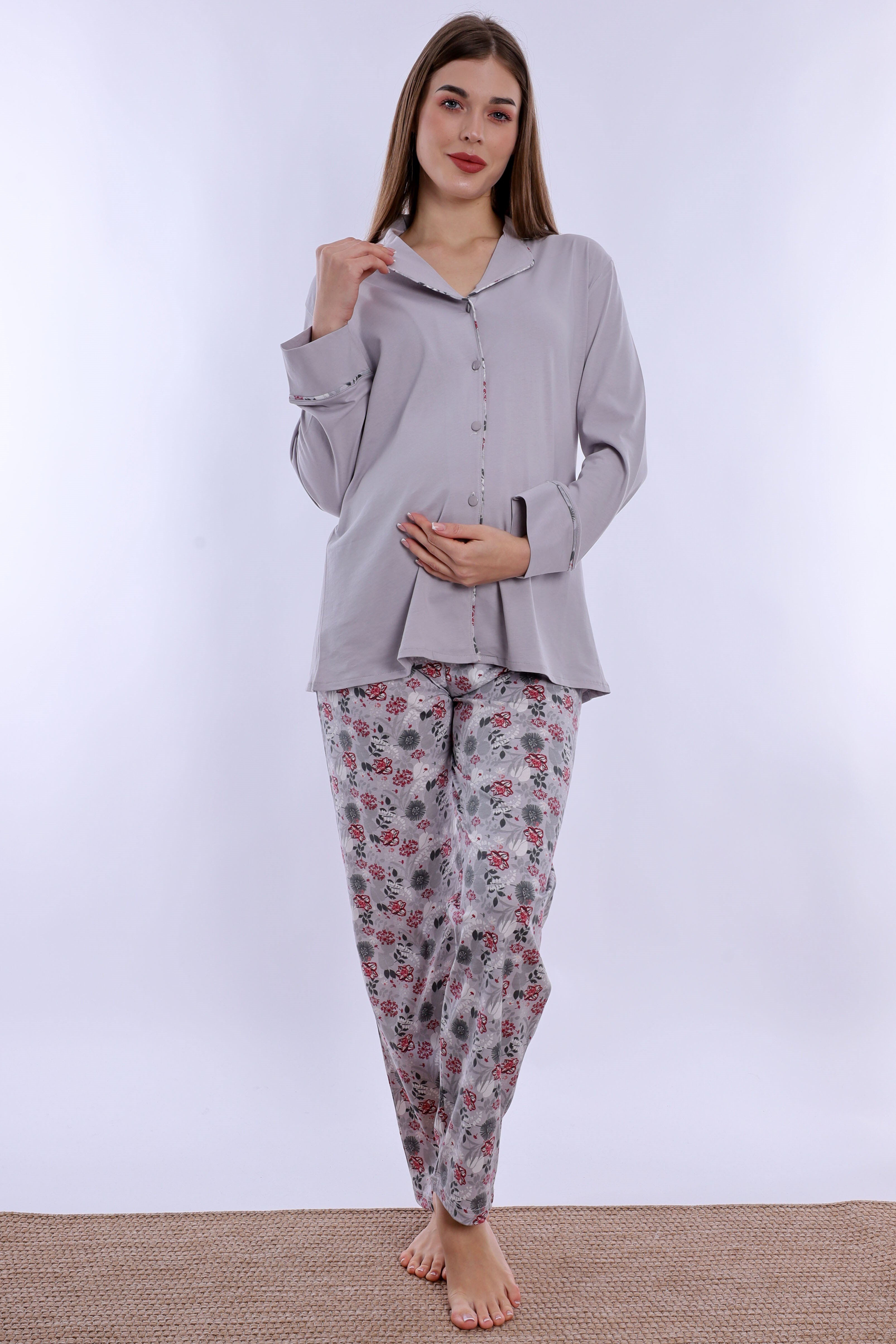 220622 Doğum Öncesi ve Sonrası Kullanıma Uygun Hamile Lohusa Pijama Takımı  - Gri