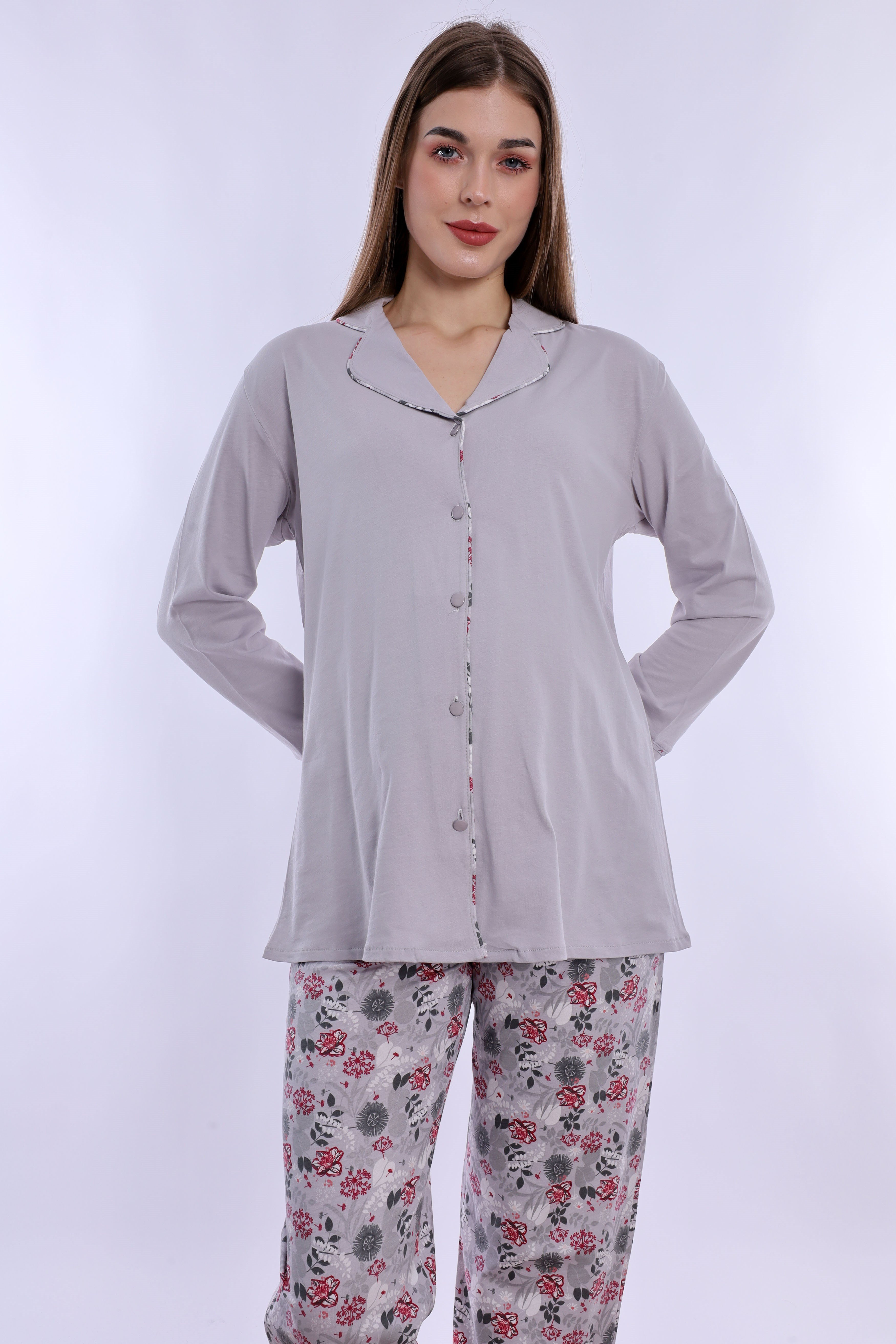 220622 Doğum Öncesi ve Sonrası Kullanıma Uygun Hamile Lohusa Pijama Takımı  - Gri
