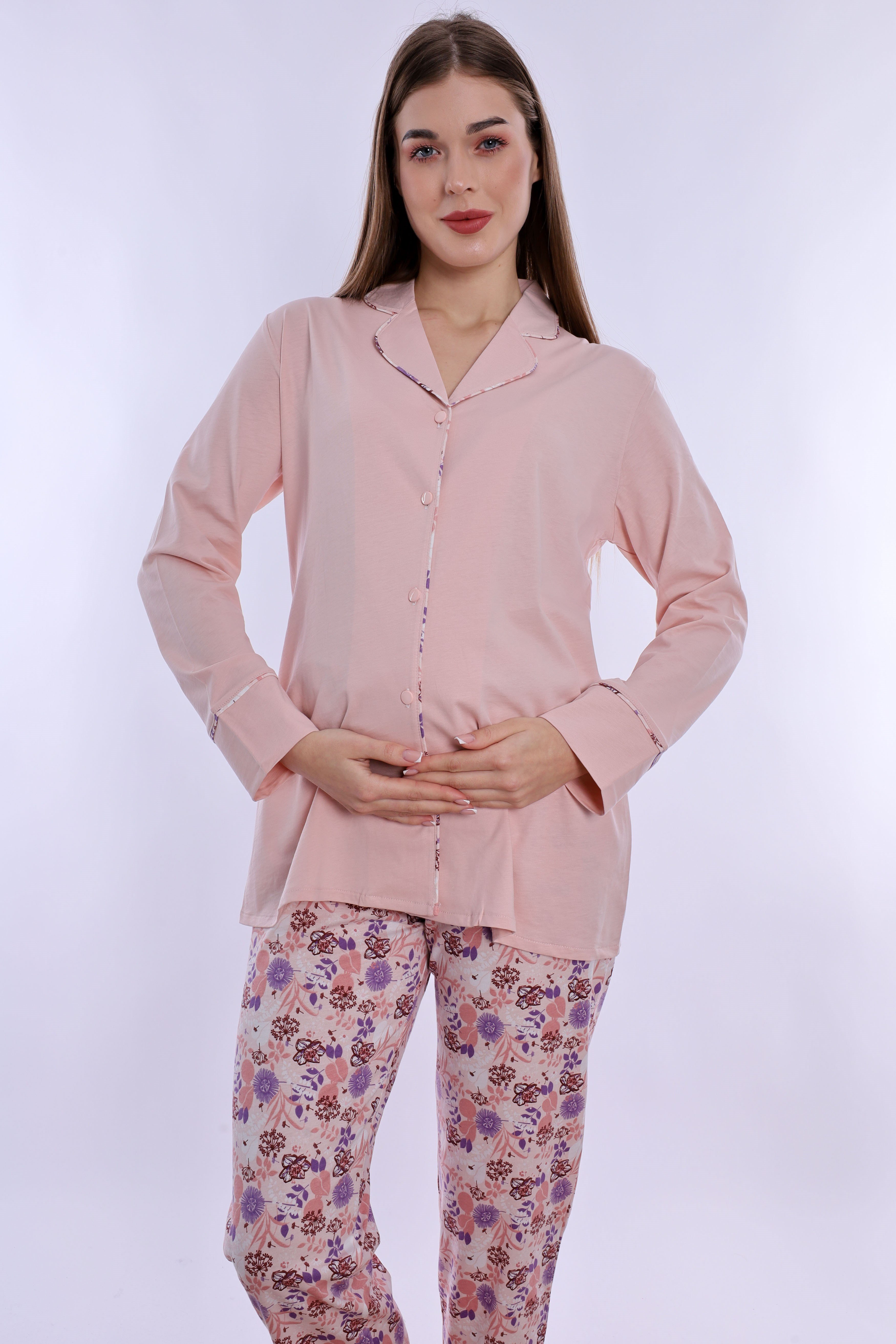 220622 Doğum Öncesi ve Sonrası Kullanıma Uygun Hamile Lohusa Pijama Takımı  - Pudra