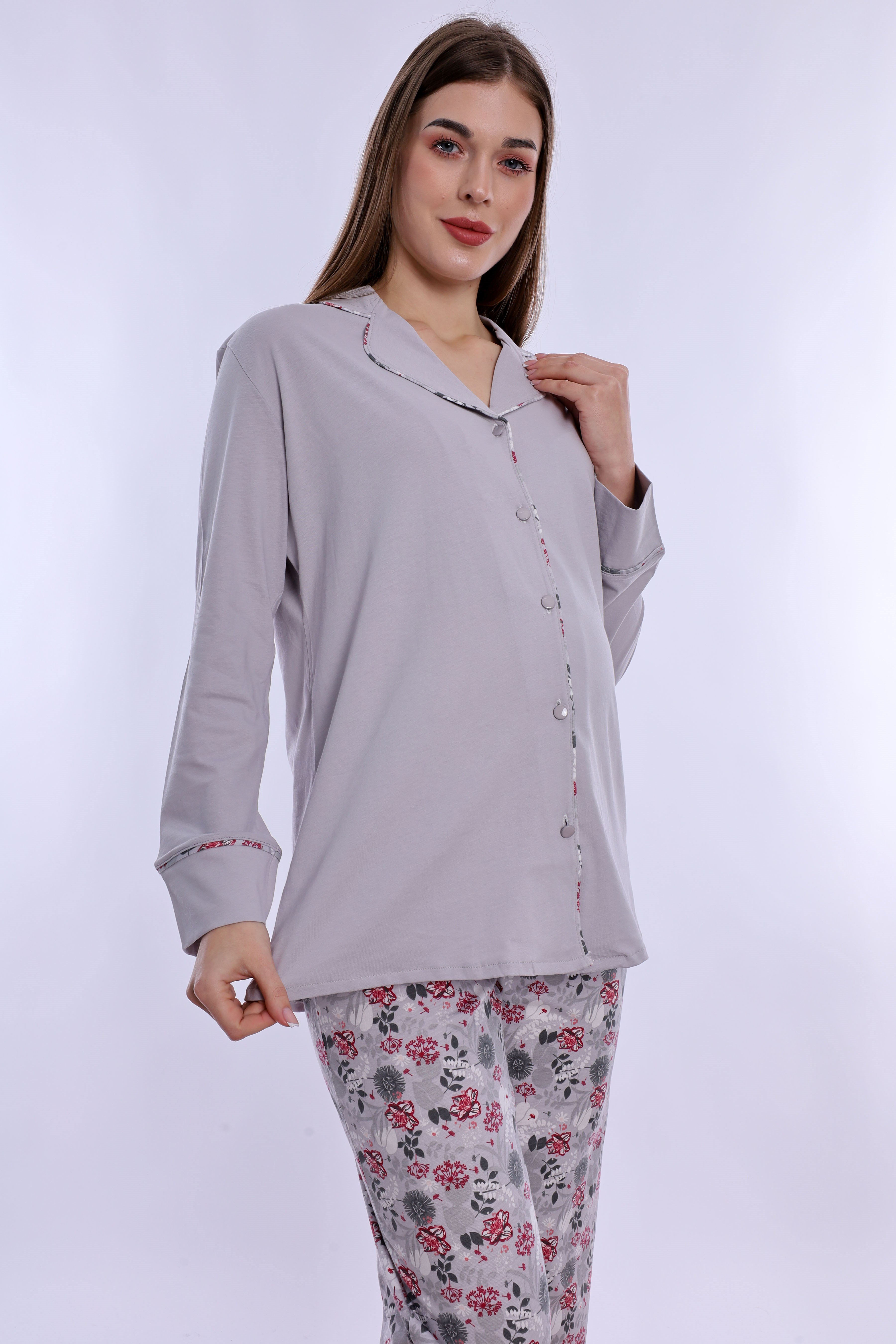 220622 Doğum Öncesi ve Sonrası Kullanıma Uygun Hamile Lohusa Pijama Takımı  - Gri