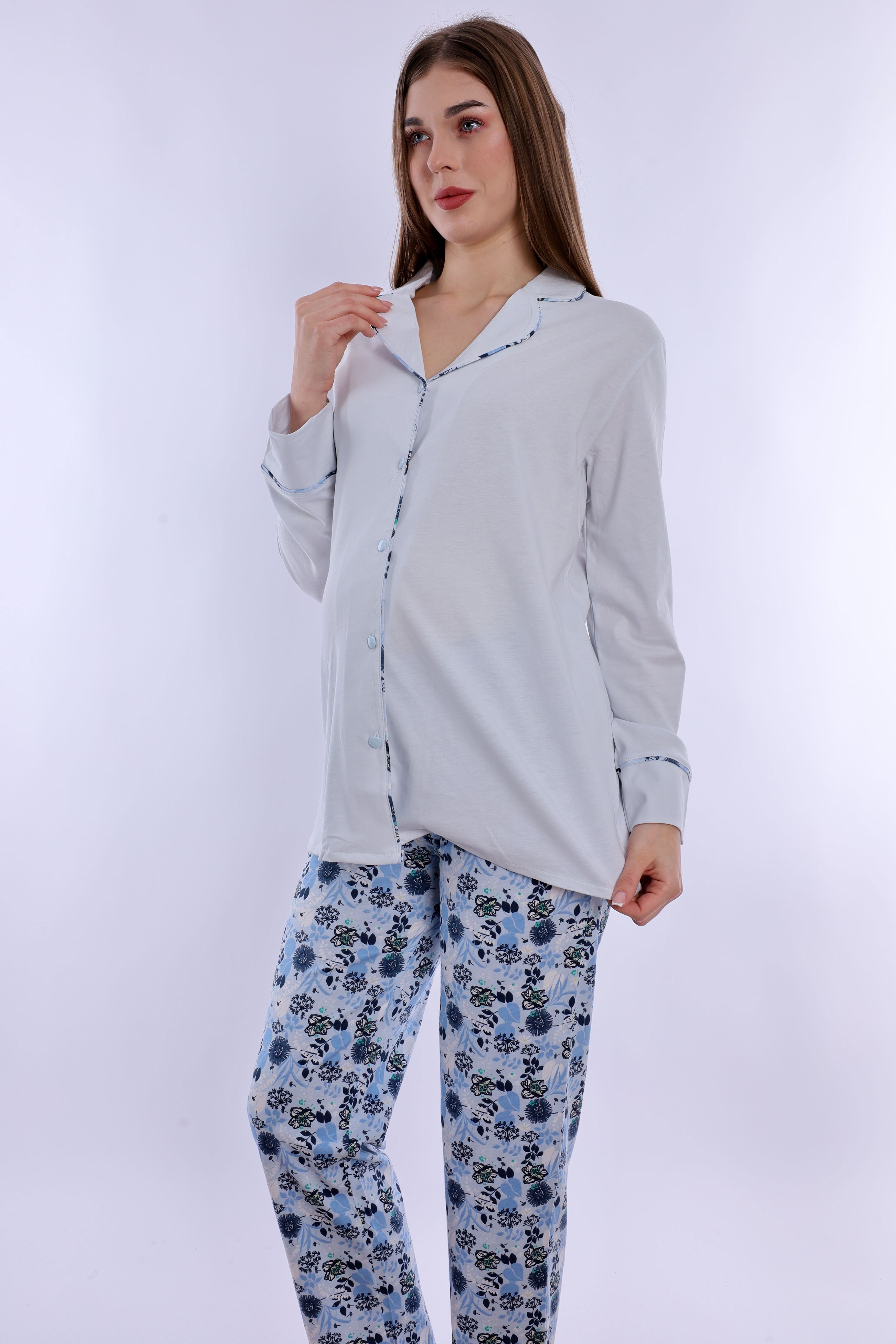 220622 Doğum Öncesi ve Sonrası Kullanıma Uygun Hamile Lohusa Pijama Takımı  - Mavi