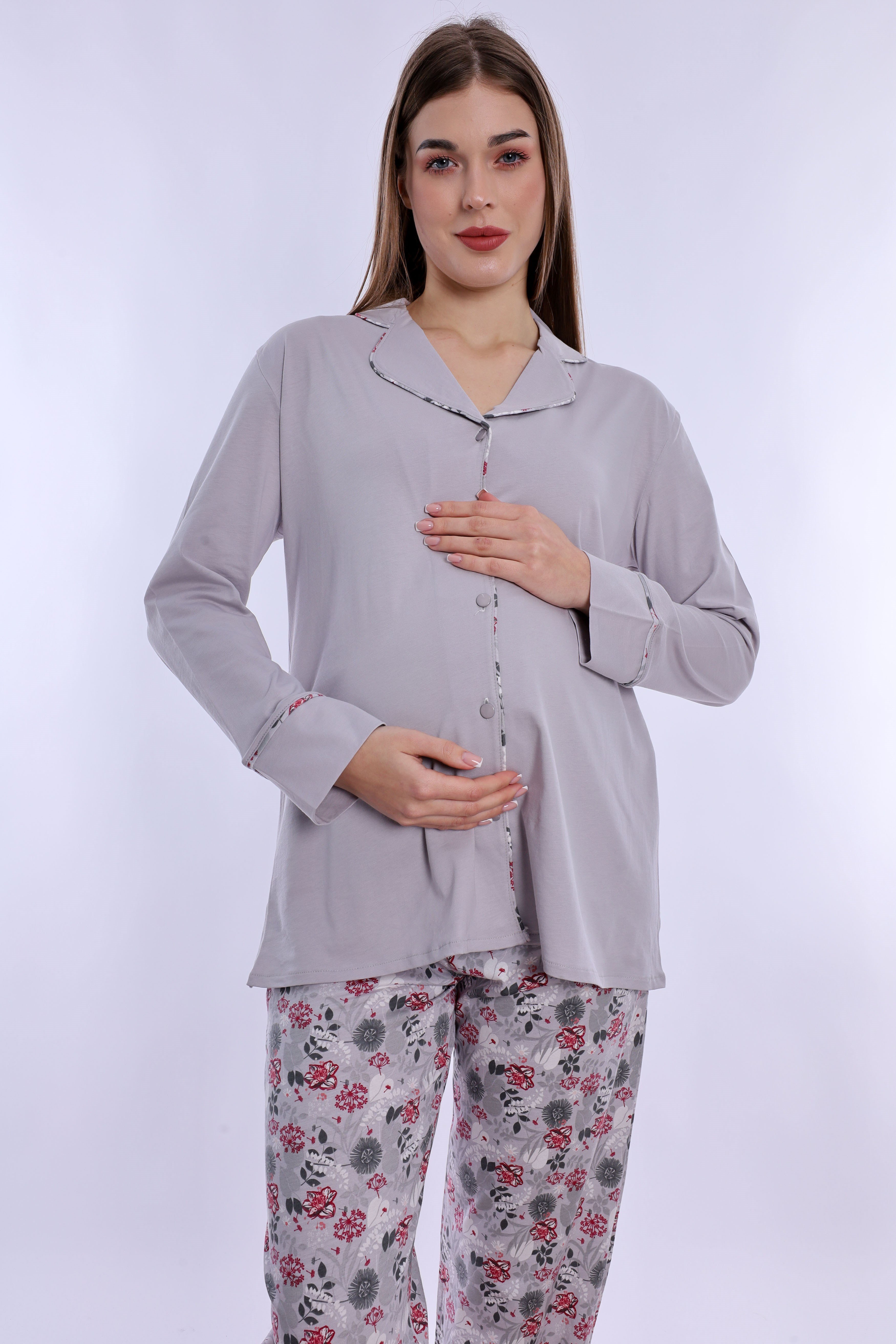 220622 Doğum Öncesi ve Sonrası Kullanıma Uygun Hamile Lohusa Pijama Takımı  - Gri