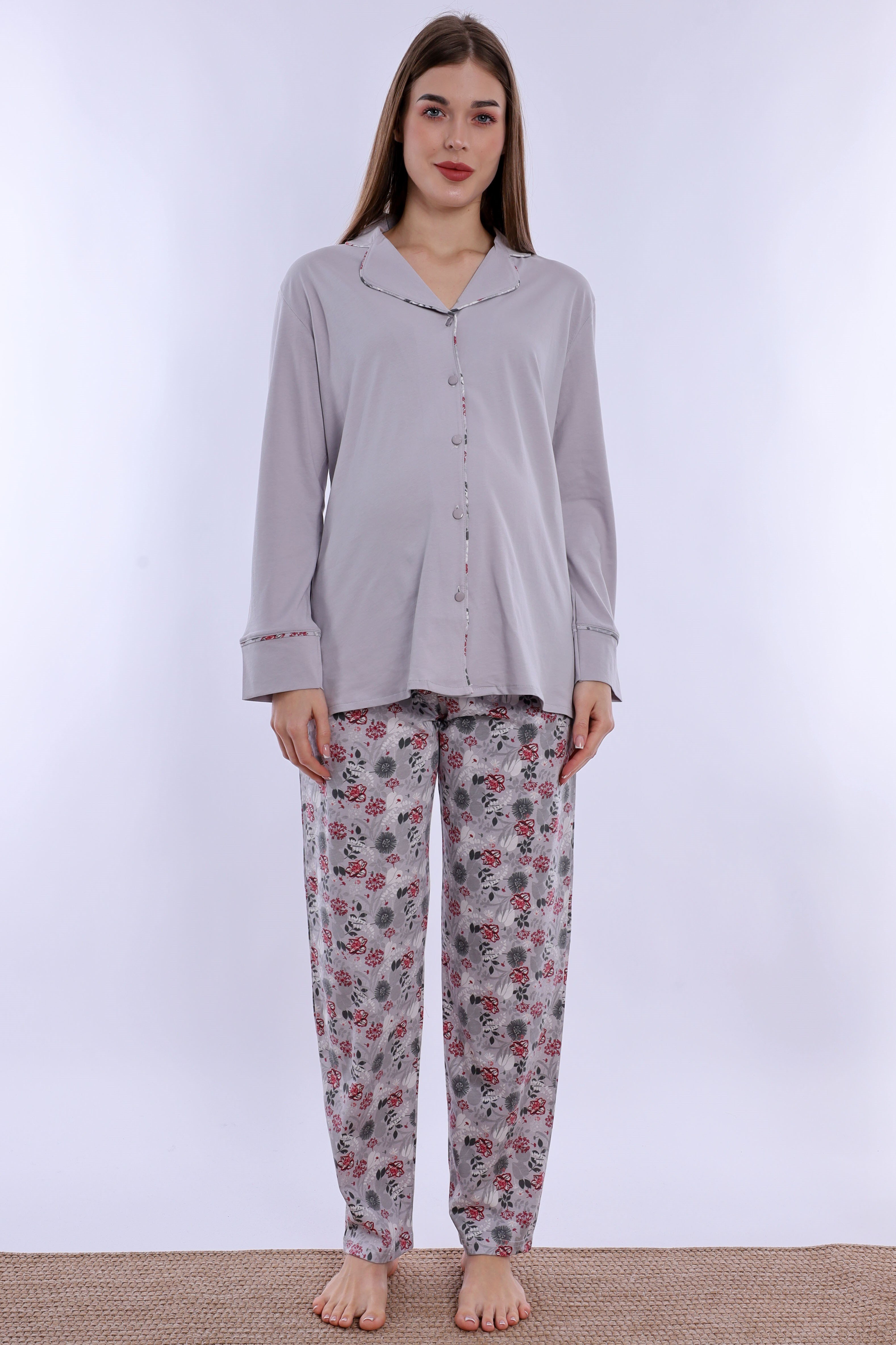 220622 Doğum Öncesi ve Sonrası Kullanıma Uygun Hamile Lohusa Pijama Takımı  - Gri