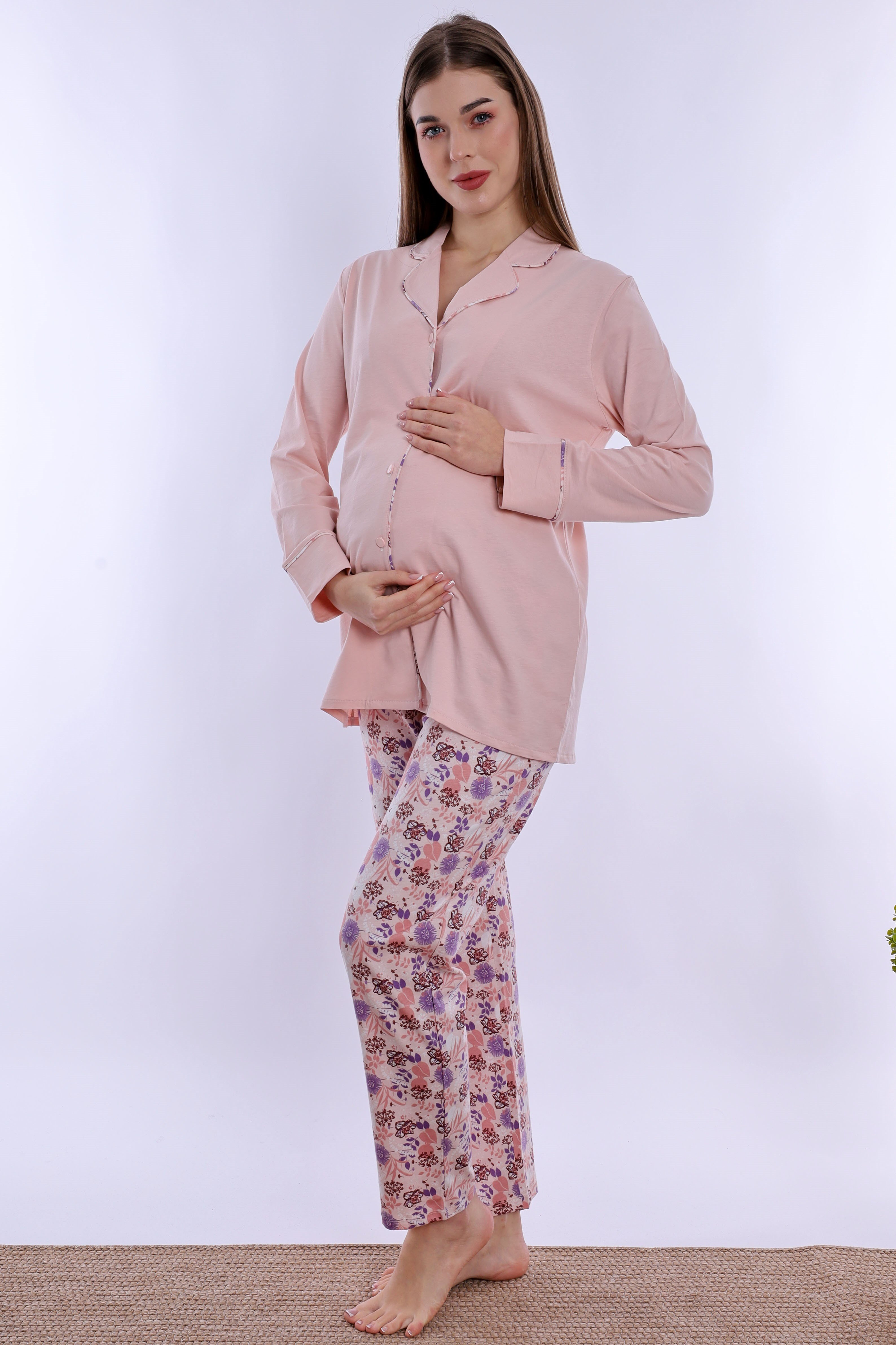220622 Doğum Öncesi ve Sonrası Kullanıma Uygun Hamile Lohusa Pijama Takımı  - Pudra