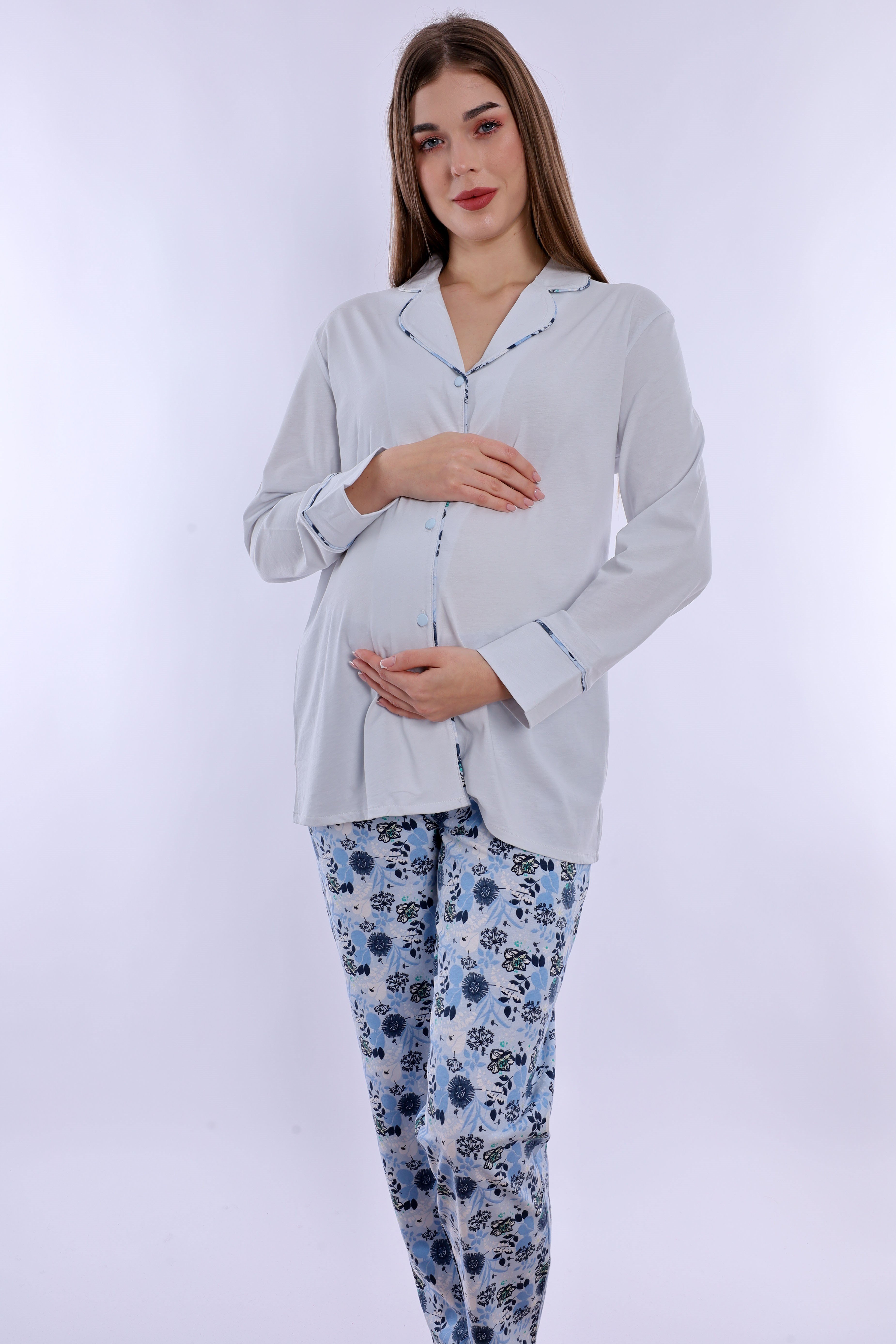 220622 Doğum Öncesi ve Sonrası Kullanıma Uygun Hamile Lohusa Pijama Takımı  - Mavi