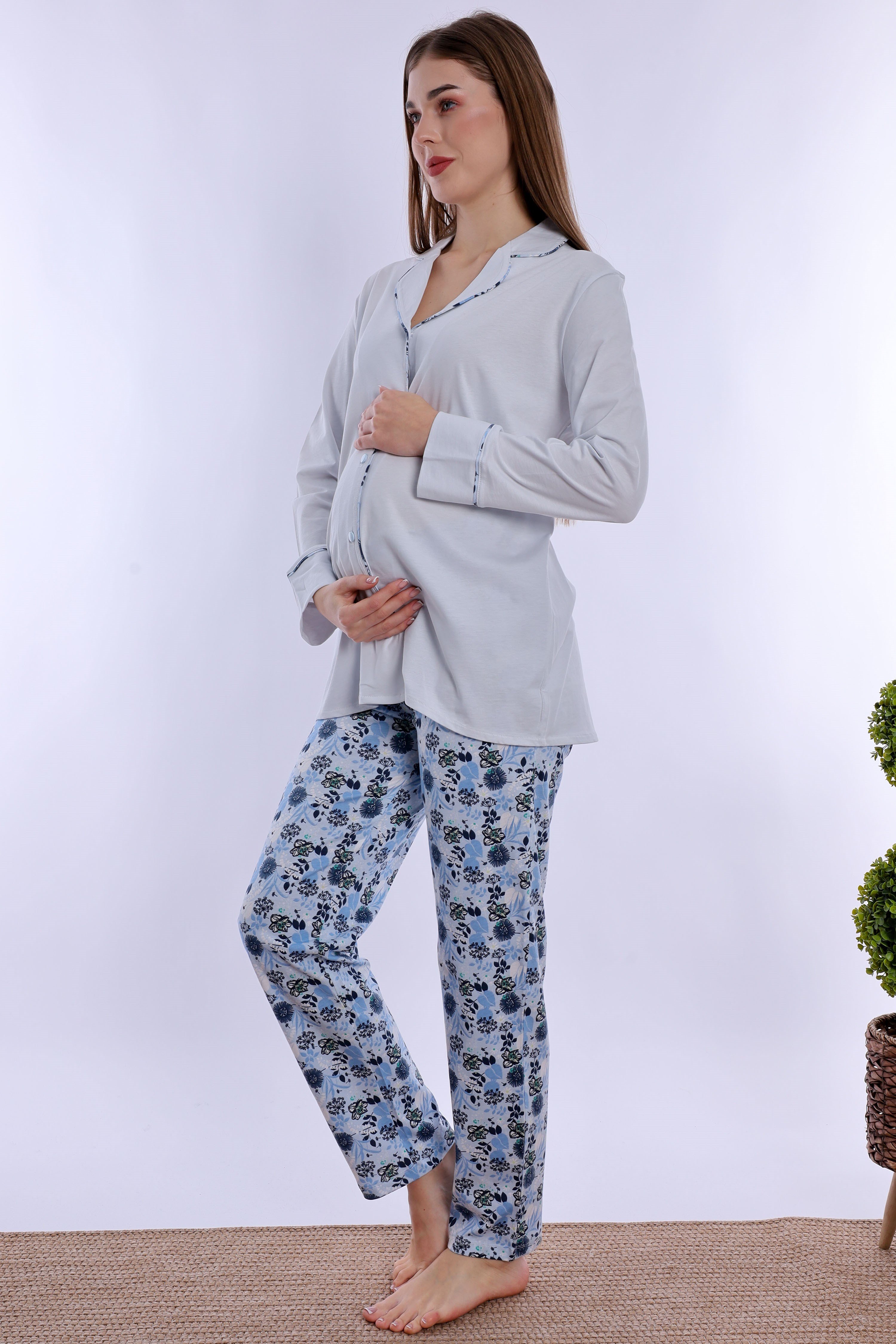 220622 Doğum Öncesi ve Sonrası Kullanıma Uygun Hamile Lohusa Pijama Takımı  - Mavi