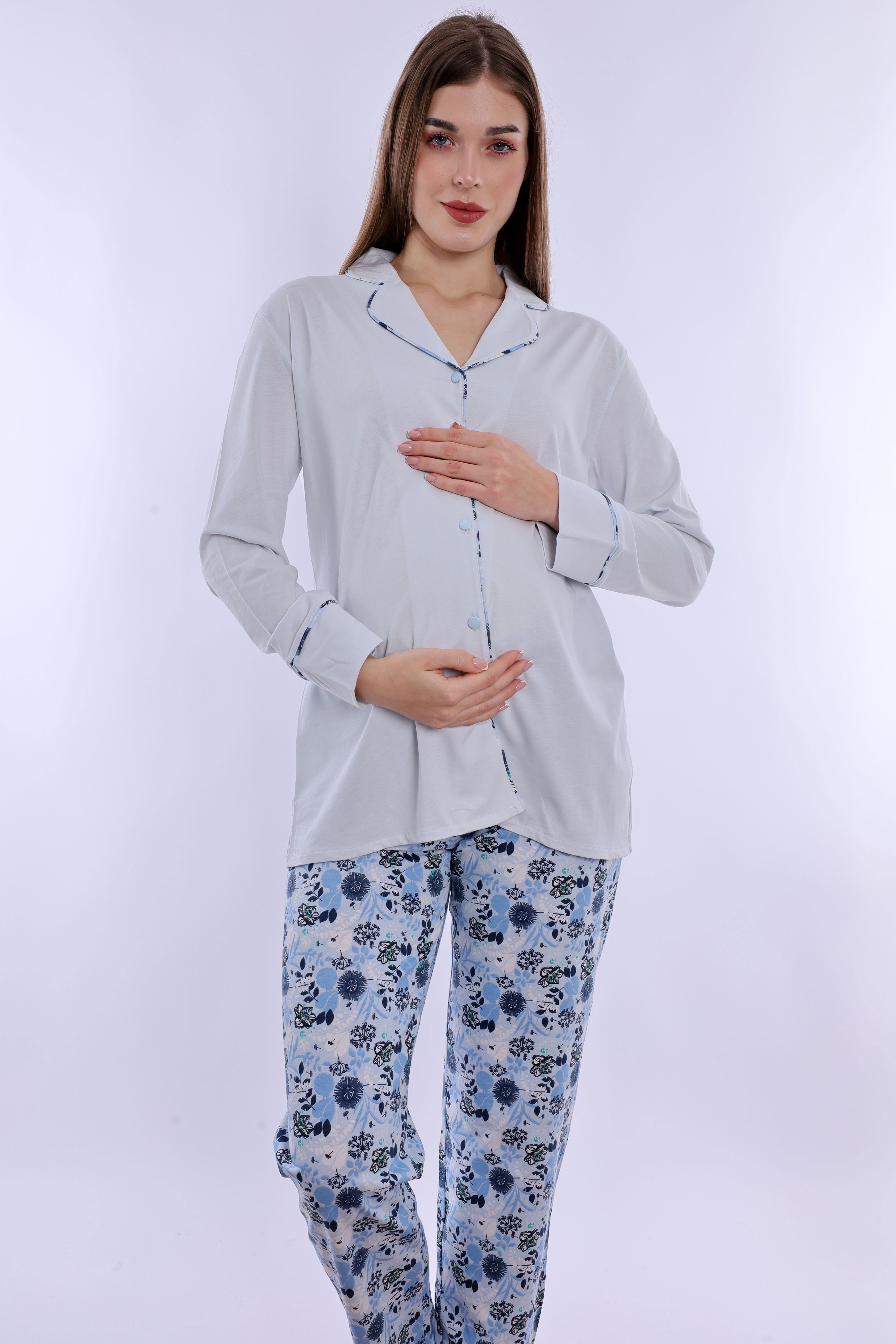 220622 Doğum Öncesi ve Sonrası Kullanıma Uygun Hamile Lohusa Pijama Takımı  - Mavi