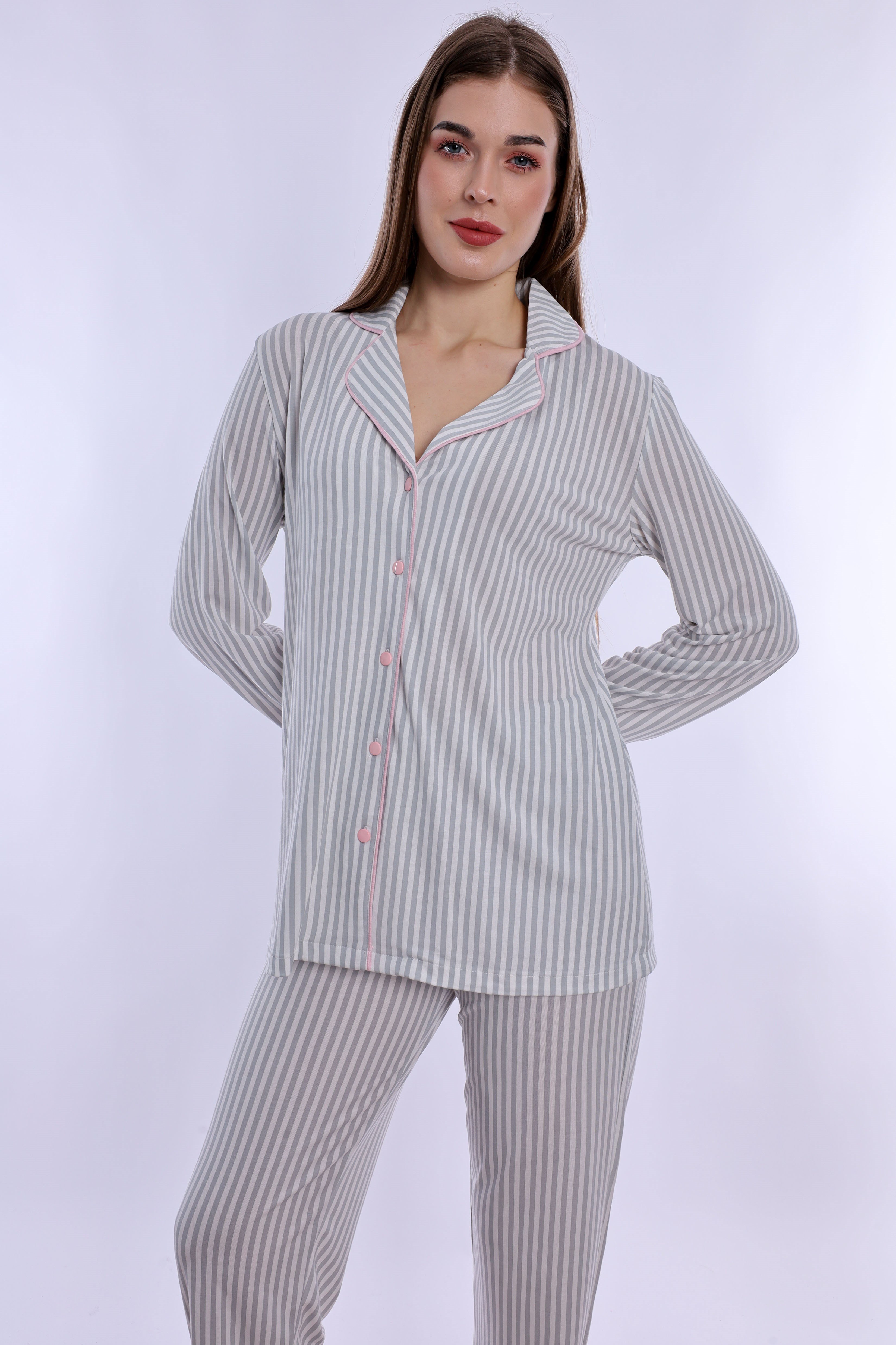 220672 Önden Düğmeli Pamuklu Hamile Lohusa Emzirme Pijama Takımı  - Gri