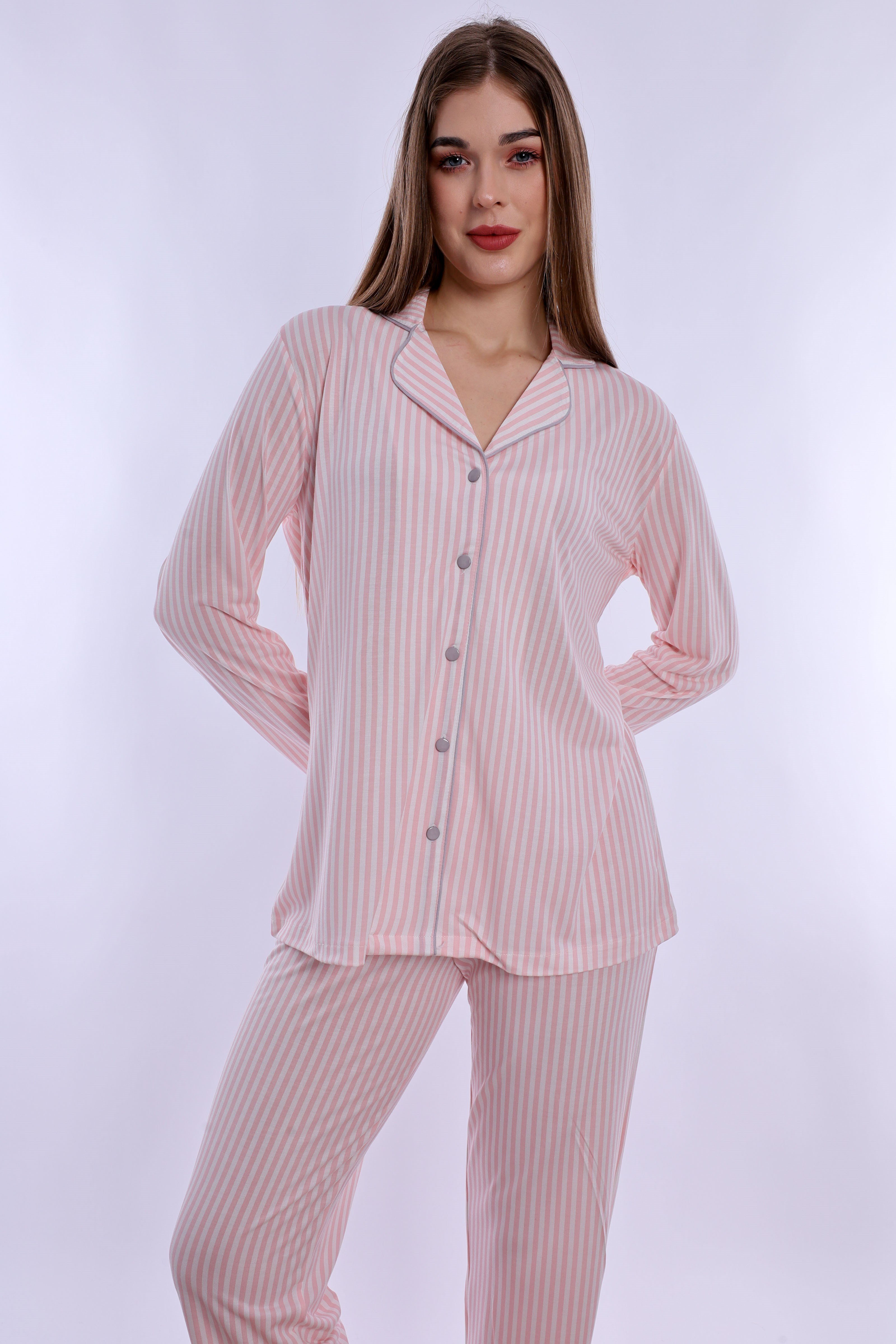 220672 Önden Düğmeli Pamuklu Hamile Lohusa Emzirme Pijama Takımı  - Pembe