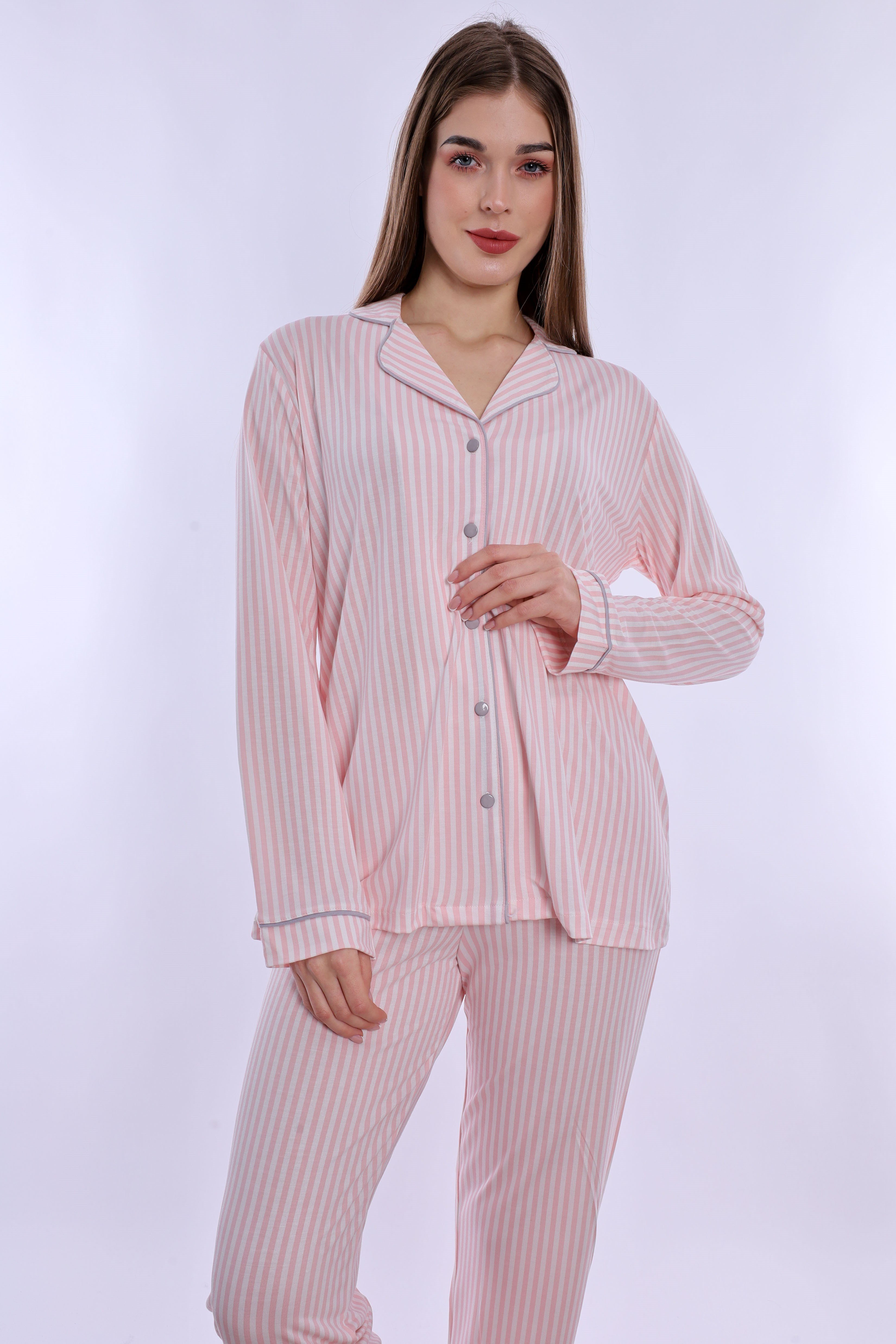 220672 Önden Düğmeli Pamuklu Hamile Lohusa Emzirme Pijama Takımı  - Pembe