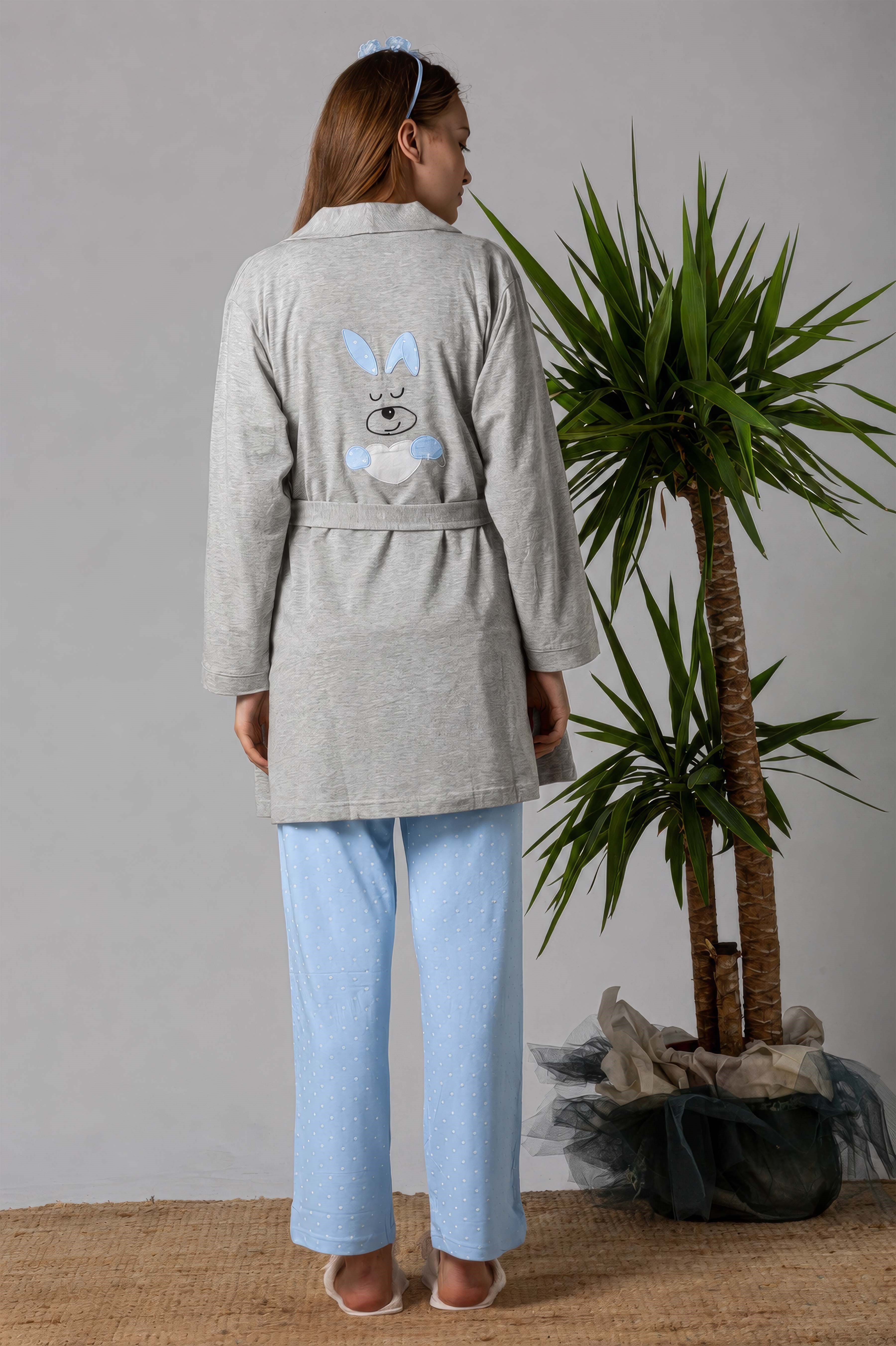 220702 Yumuşak Dokulu Pamuklu Sabahlıklı Hamile Lohusa Pijama Takımı - Mavi