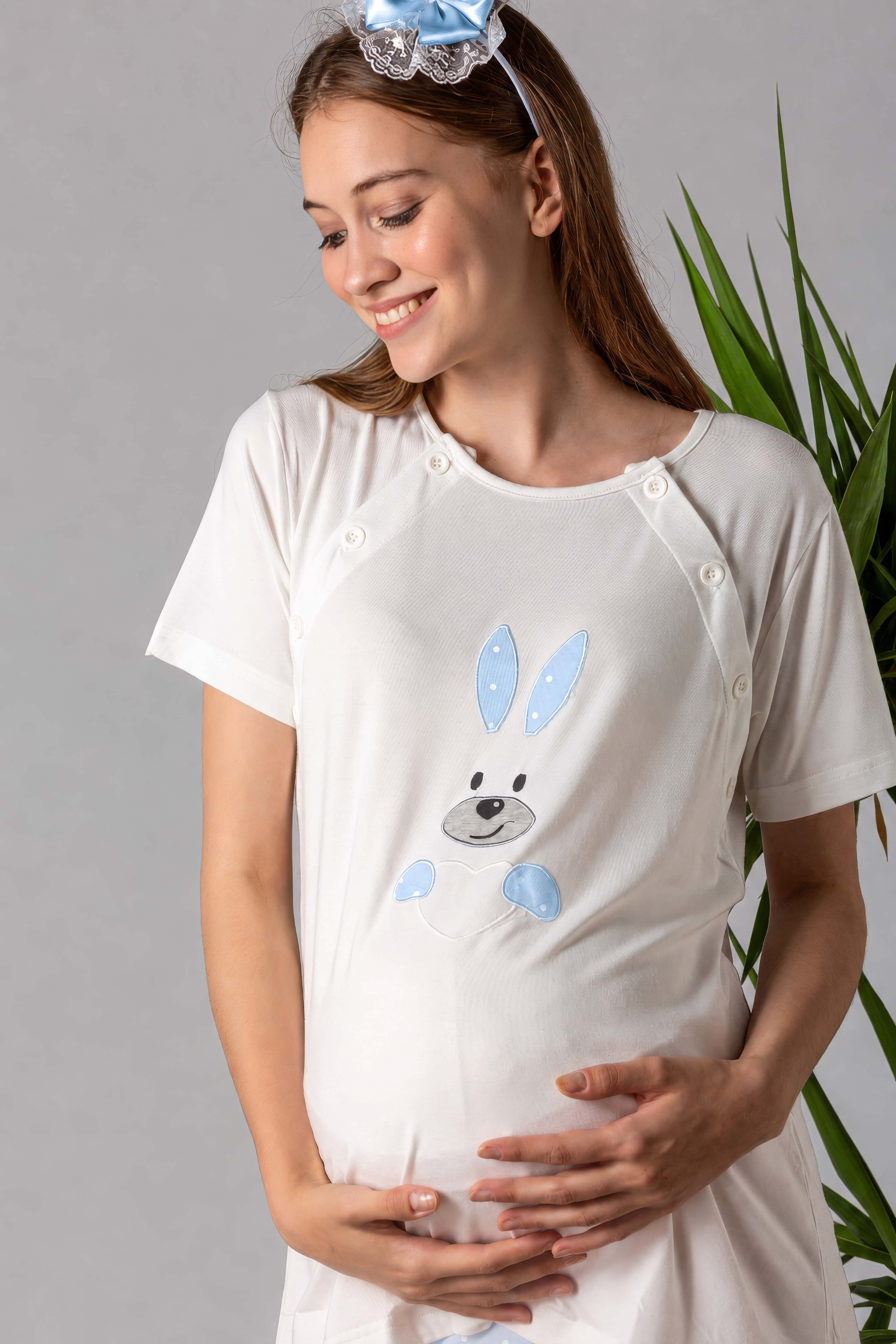 220702 Yumuşak Dokulu Pamuklu Sabahlıklı Hamile Lohusa Pijama Takımı - Mavi