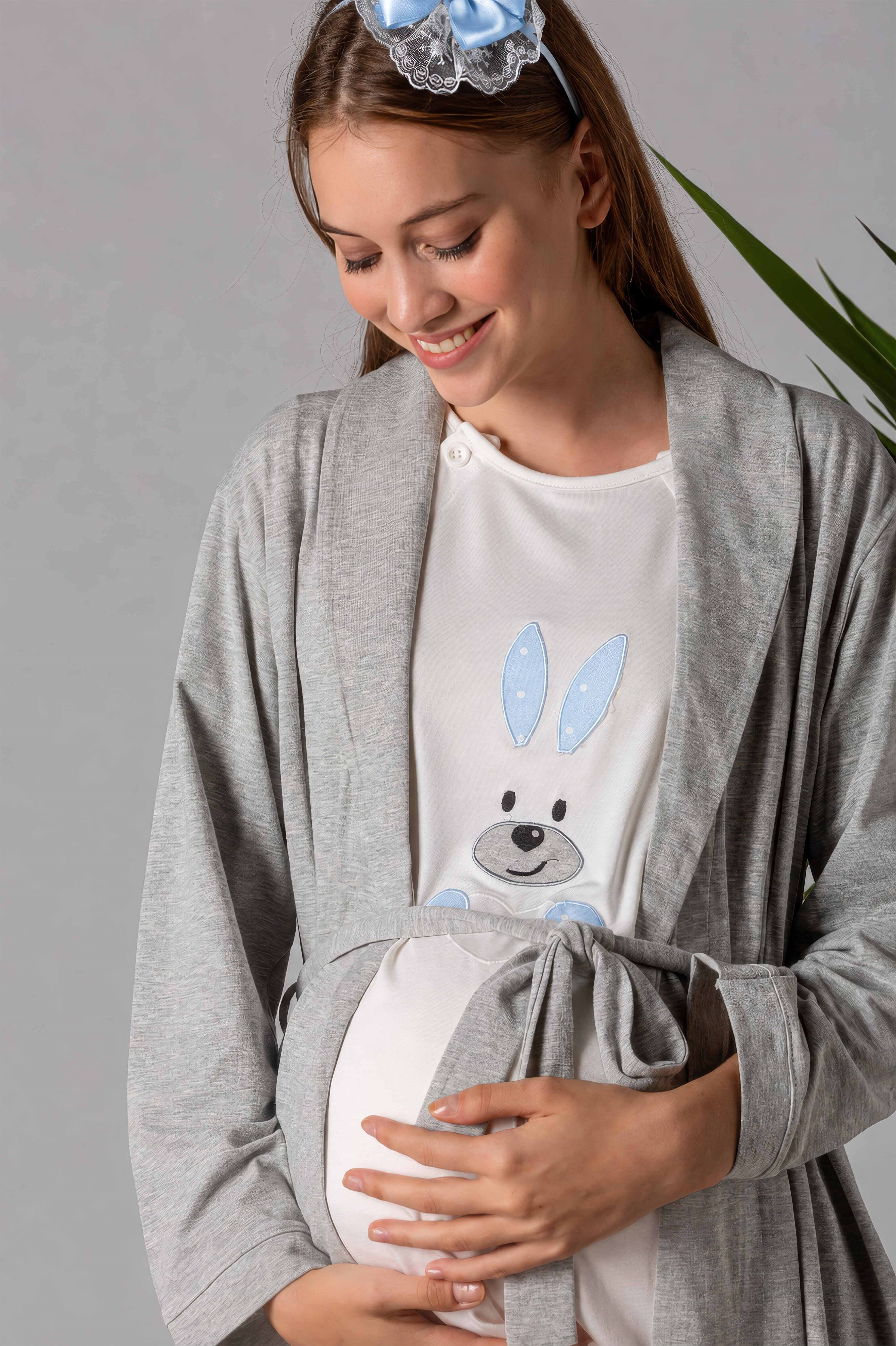 220702 Yumuşak Dokulu Pamuklu Sabahlıklı Hamile Lohusa Pijama Takımı - Mavi
