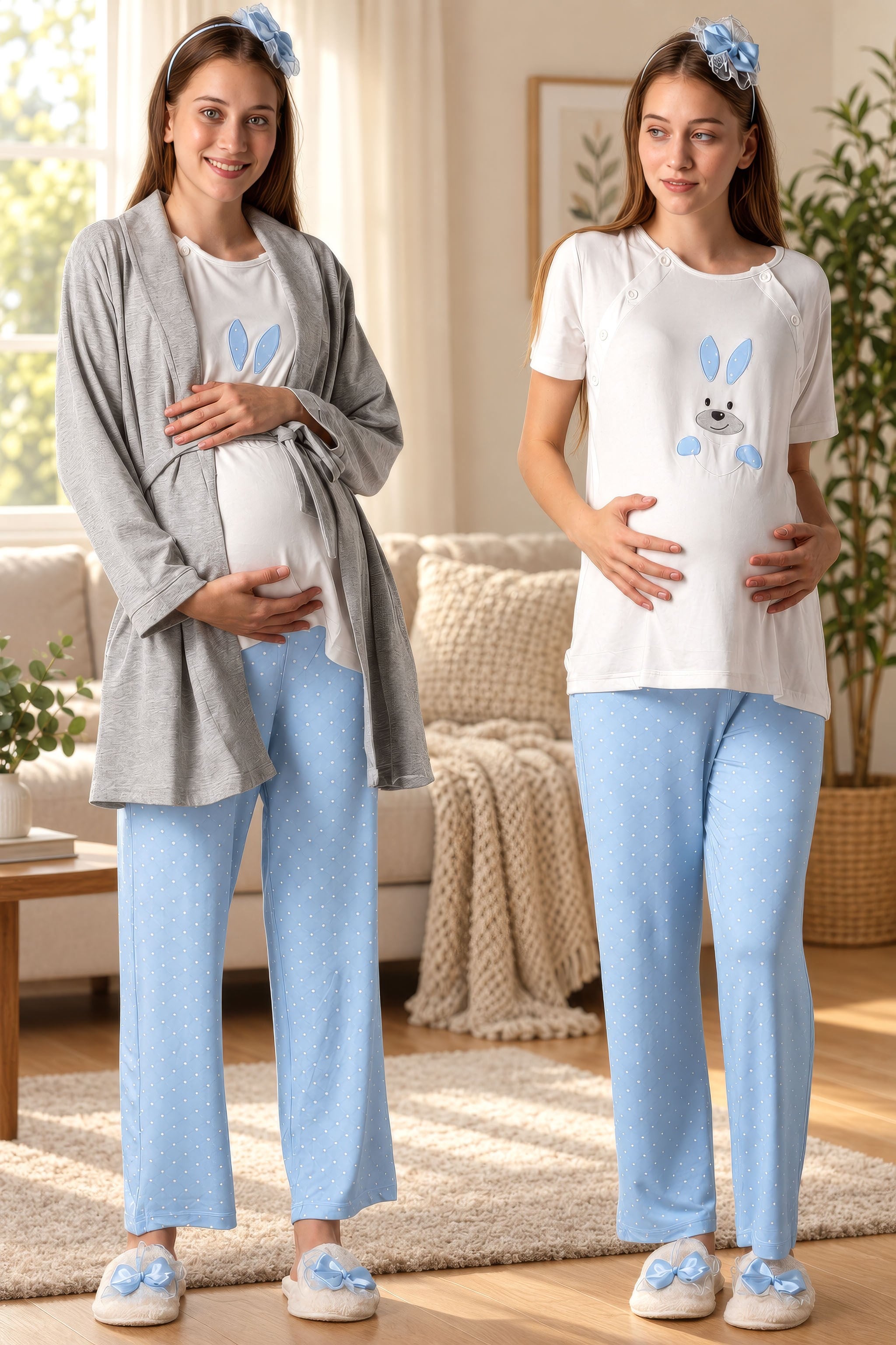 220702 Yumuşak Dokulu Pamuklu Sabahlıklı Hamile Lohusa Pijama Takımı - Mavi