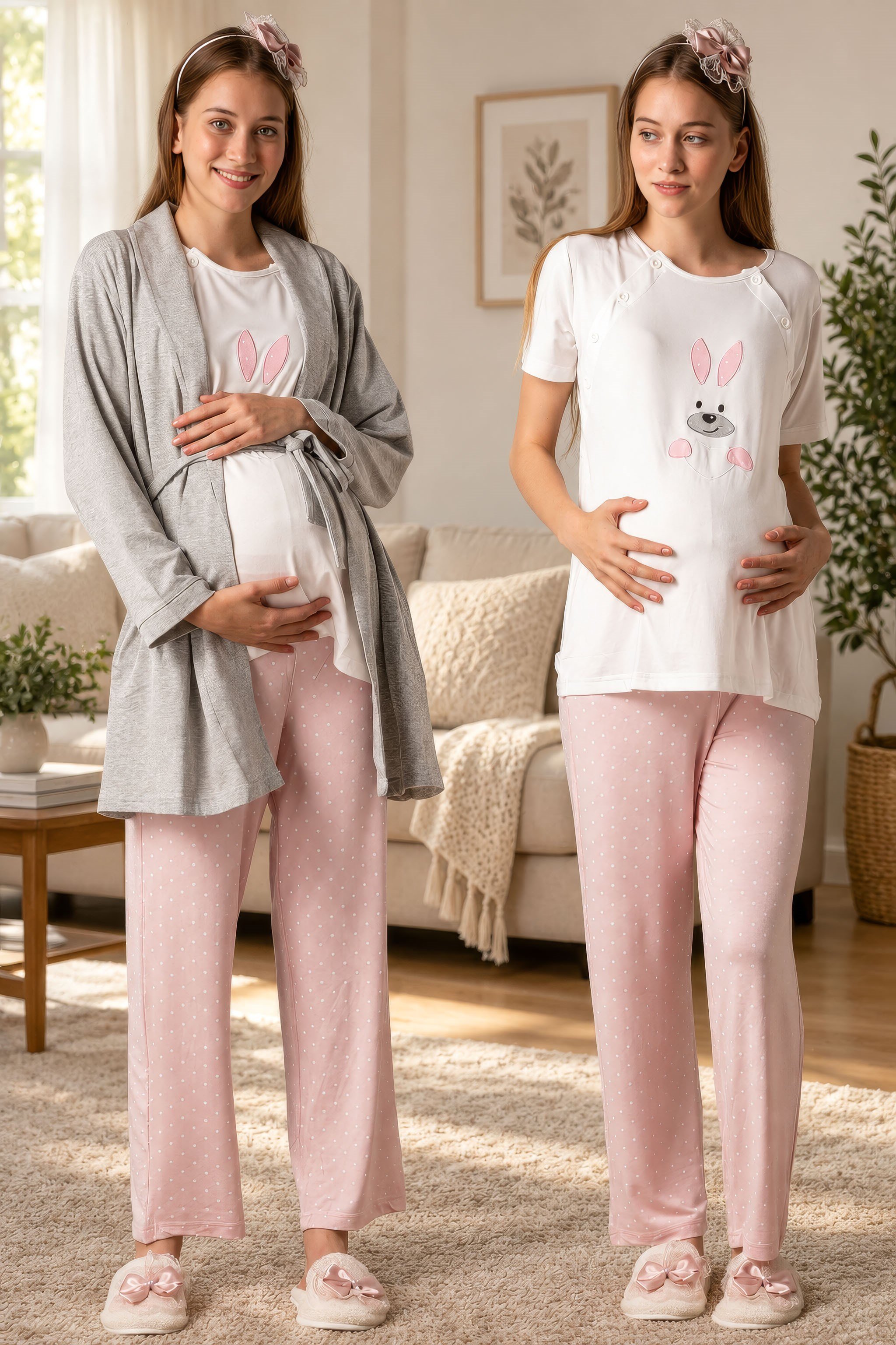 220702 Yumuşak Dokulu Pamuklu Sabahlıklı Hamile Lohusa Pijama Takımı - Pembe