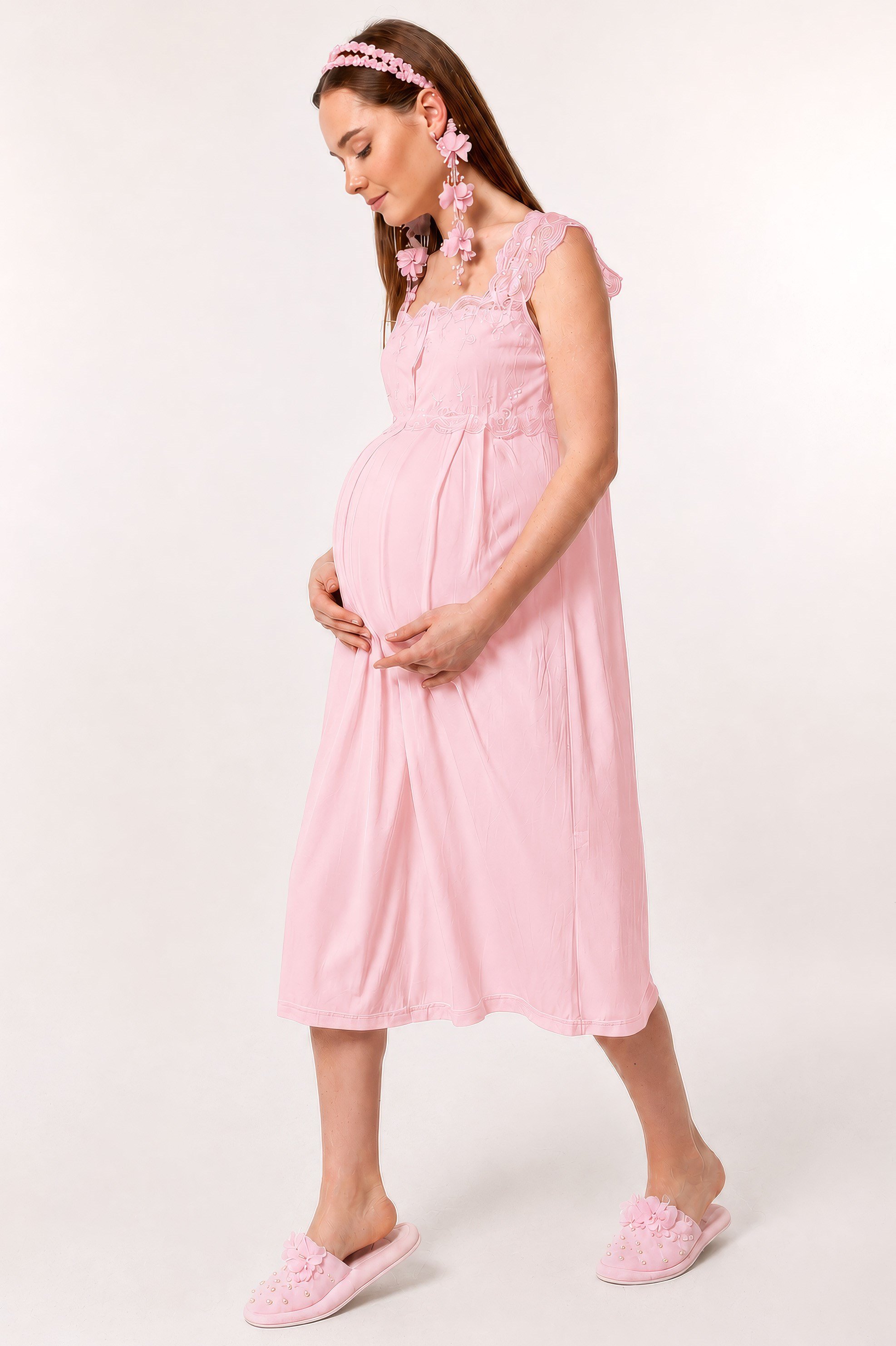 223042 Pembe Dantelli Hamile Lohusa Gecelik