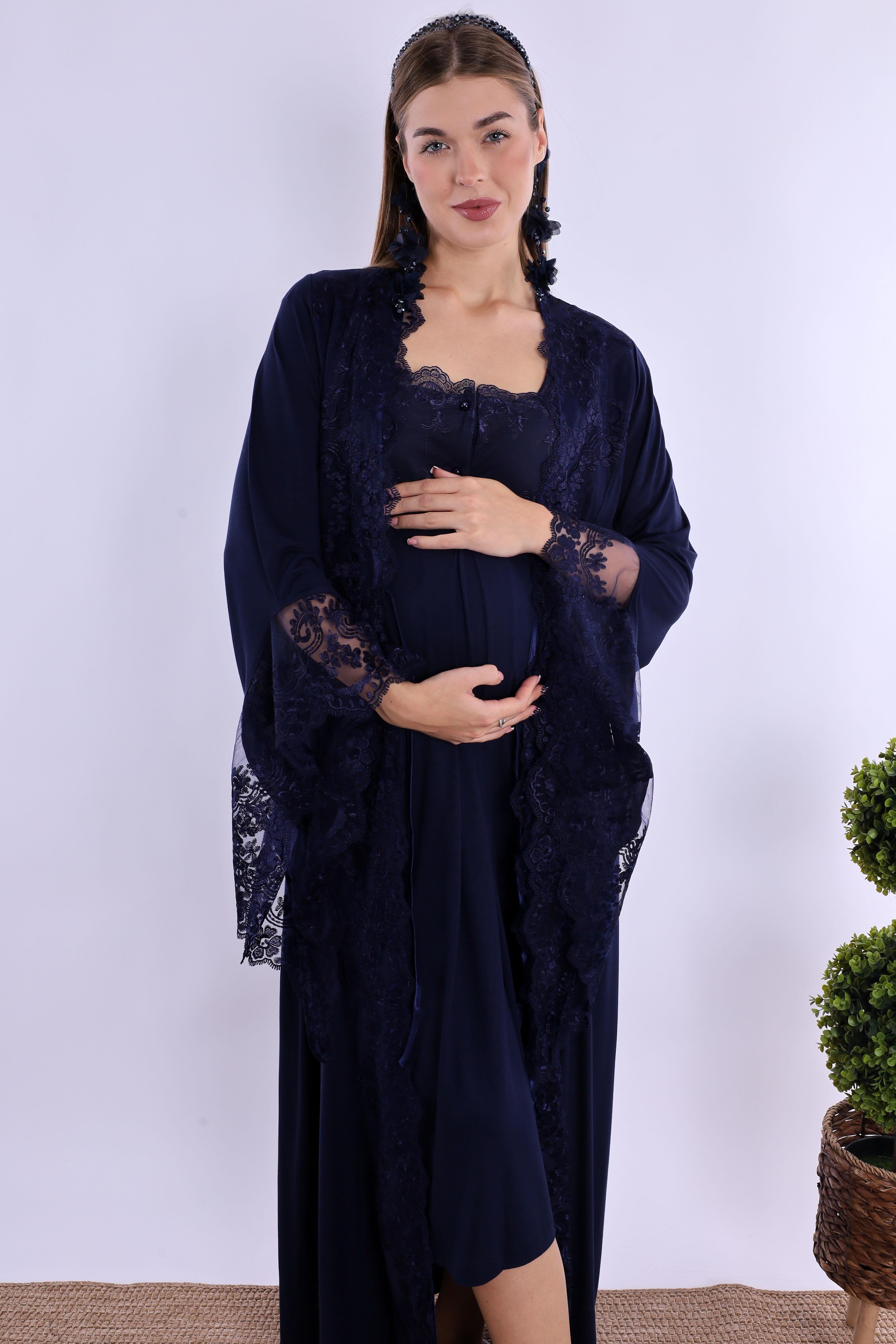 230202 Lacivert Dantelli Hamile Lohusa Set